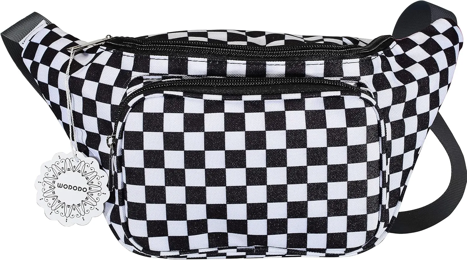 Shiny Neon Fanny Bag for Women Rave Festival Hologram Bum Travel Waist Pack Black and White Checkered