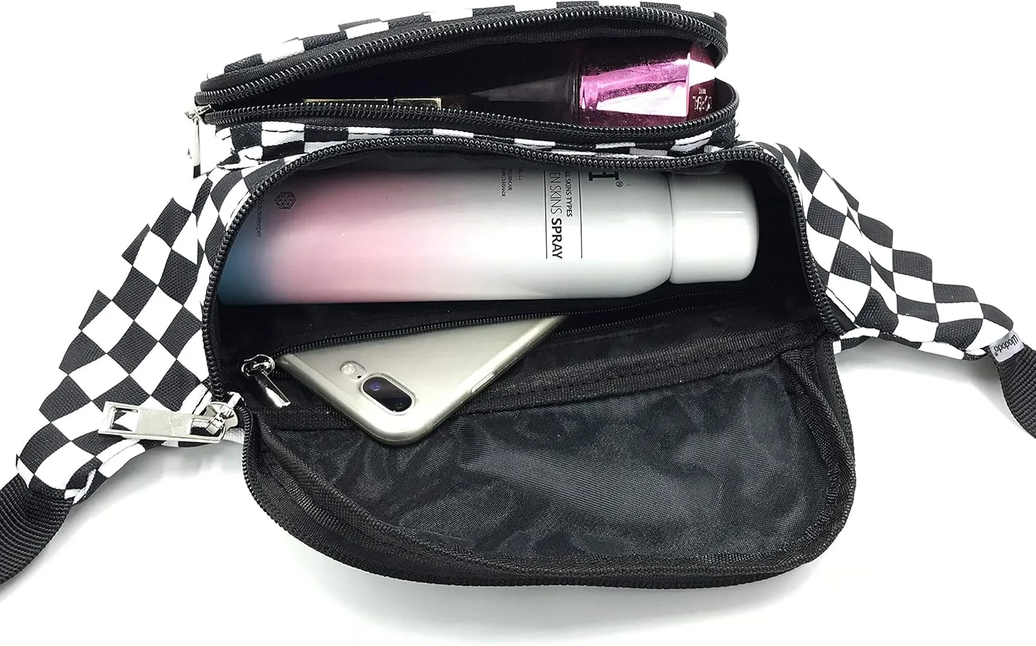 Shiny Neon Fanny Bag for Women Rave Festival Hologram Bum Travel Waist Pack Black and White Checkered