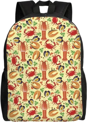 Shrimp Crab Seafood Pattern Backpack for Women Men Worker Teacher Business Travel Backpacks Shoulders Bag Daypack Bookbag with Mesh Pockets