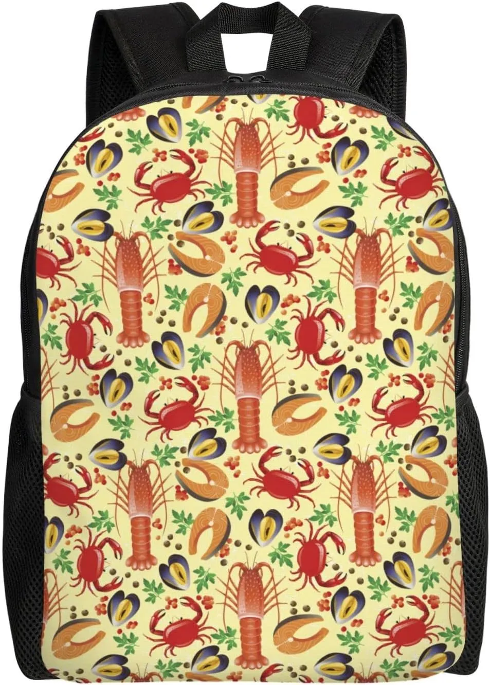 Shrimp Crab Seafood Pattern Backpack for Women Men Worker Teacher Business Travel Backpacks Shoulders Bag Daypack Bookbag with Mesh Pockets