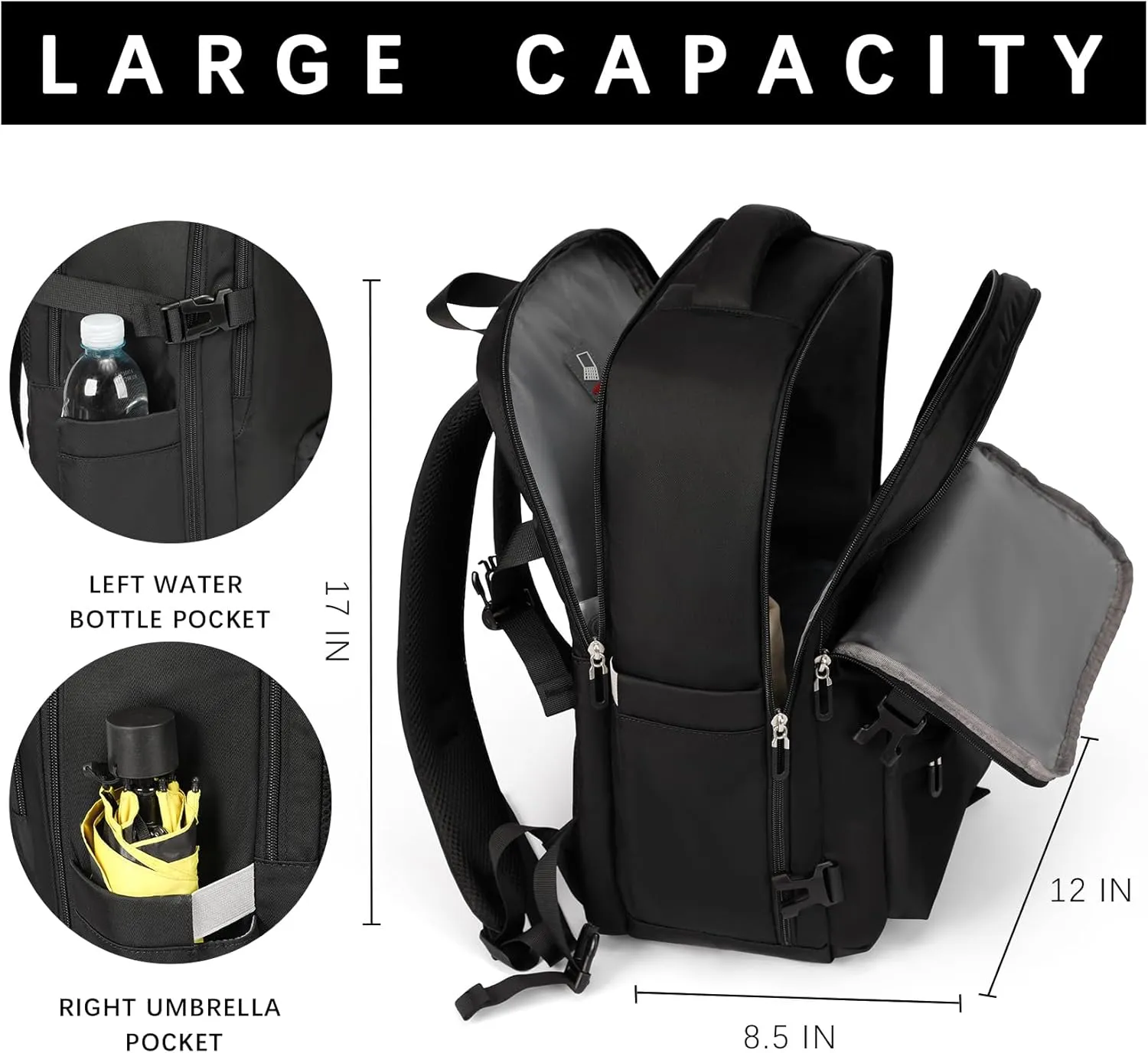 SHRRADOO Travel Laptops Backpack for Women Men, Casual Work Bag 17inch Backpack Airline Approved Backpack for Hiking Business (Black)