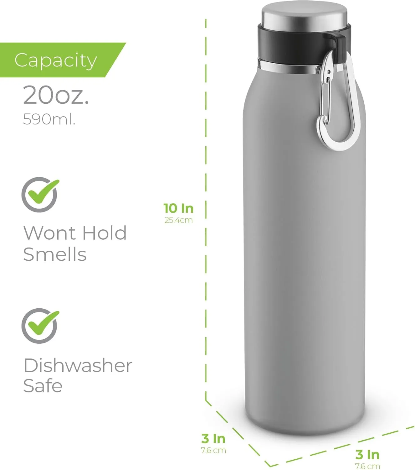 SipX™ Triple-Insulated Stainless Steel Water Bottle - 20oz. With Cover Lid, BPA-Free Reusable Insulated Water Bottle Keeps Cold For 24 Hours, (Grey)