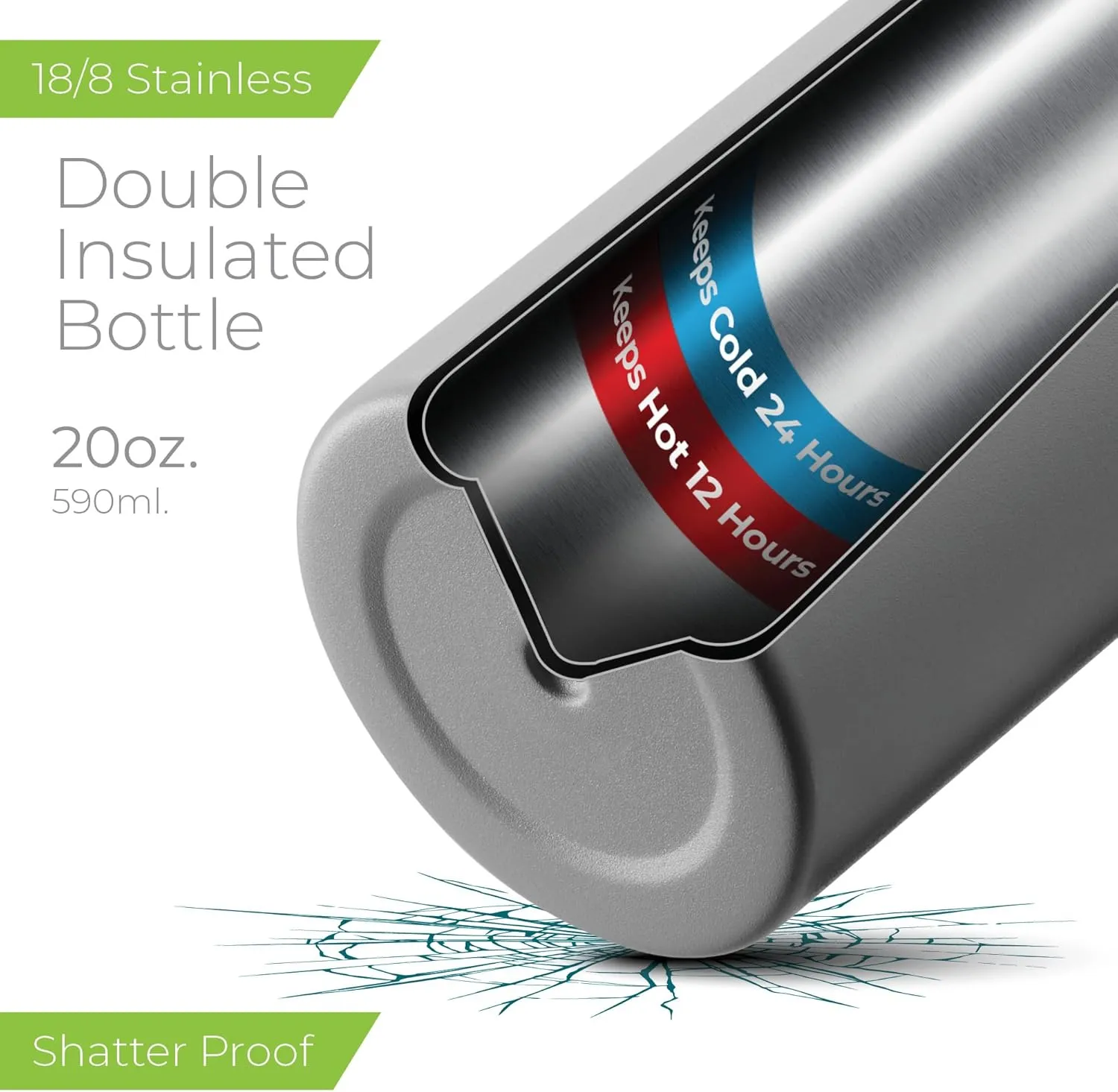 SipX™ Triple-Insulated Stainless Steel Water Bottle - 20oz. With Cover Lid, BPA-Free Reusable Insulated Water Bottle Keeps Cold For 24 Hours, (Grey)