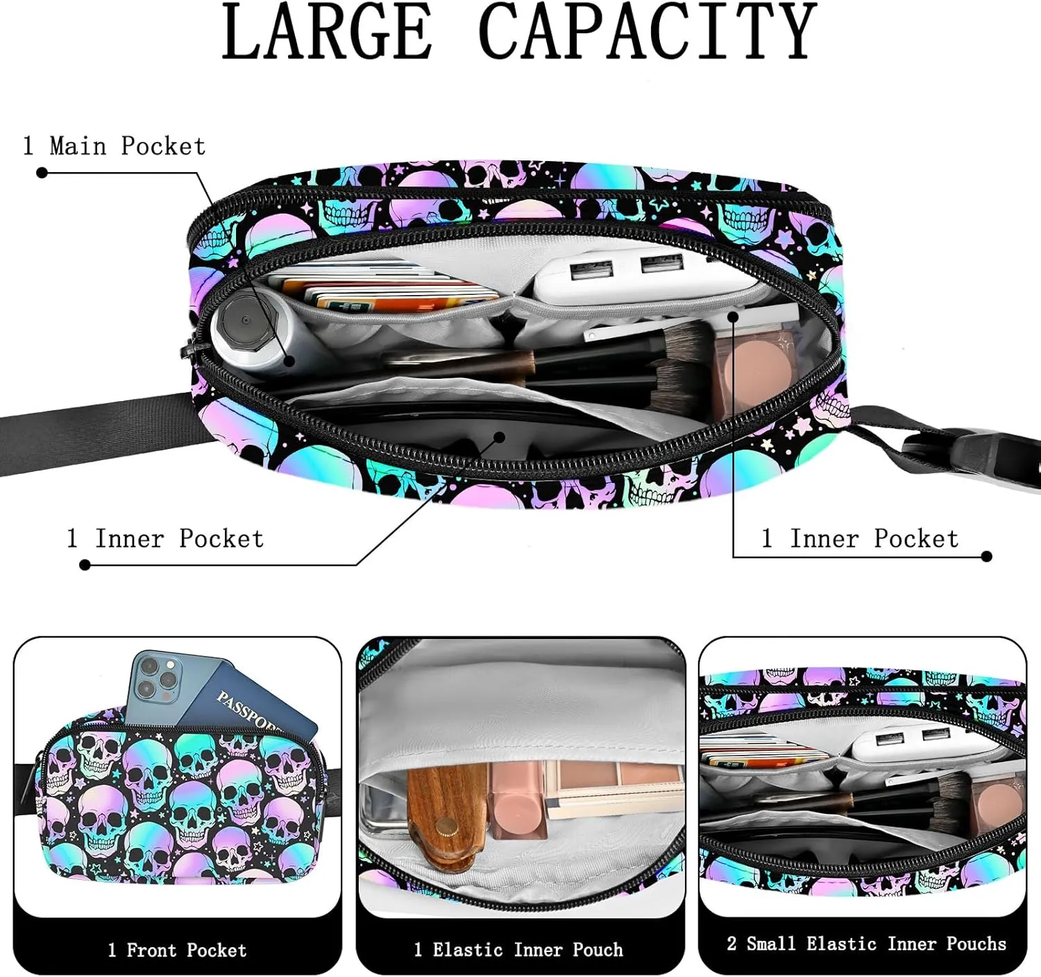 Skull Fanny Pack Women Belt Bag Fashion Waist Pack Easy for Store with Adjustable Strap Traveling Hiking Running Walking