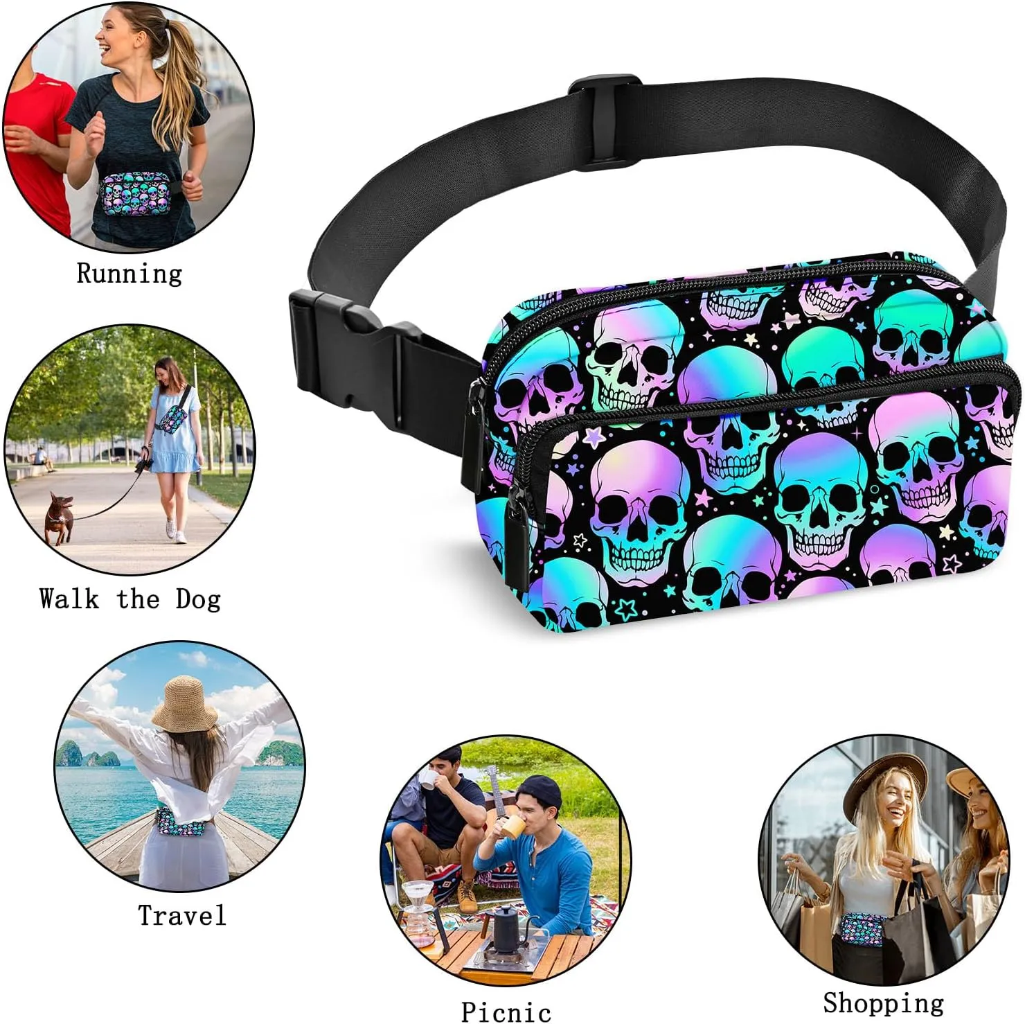 Skull Fanny Pack Women Belt Bag Fashion Waist Pack Easy for Store with Adjustable Strap Traveling Hiking Running Walking