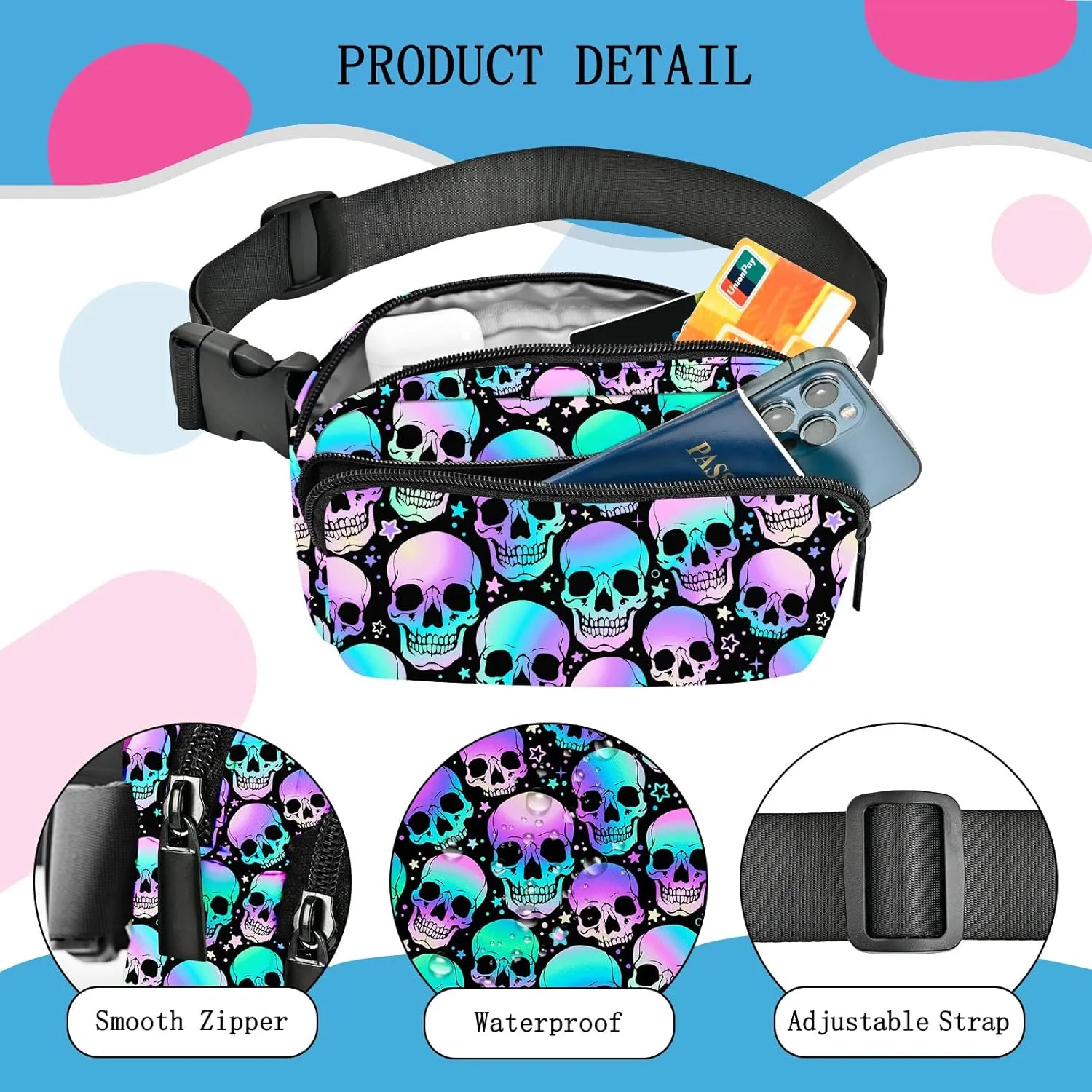 Skull Fanny Pack Women Belt Bag Fashion Waist Pack Easy for Store with Adjustable Strap Traveling Hiking Running Walking