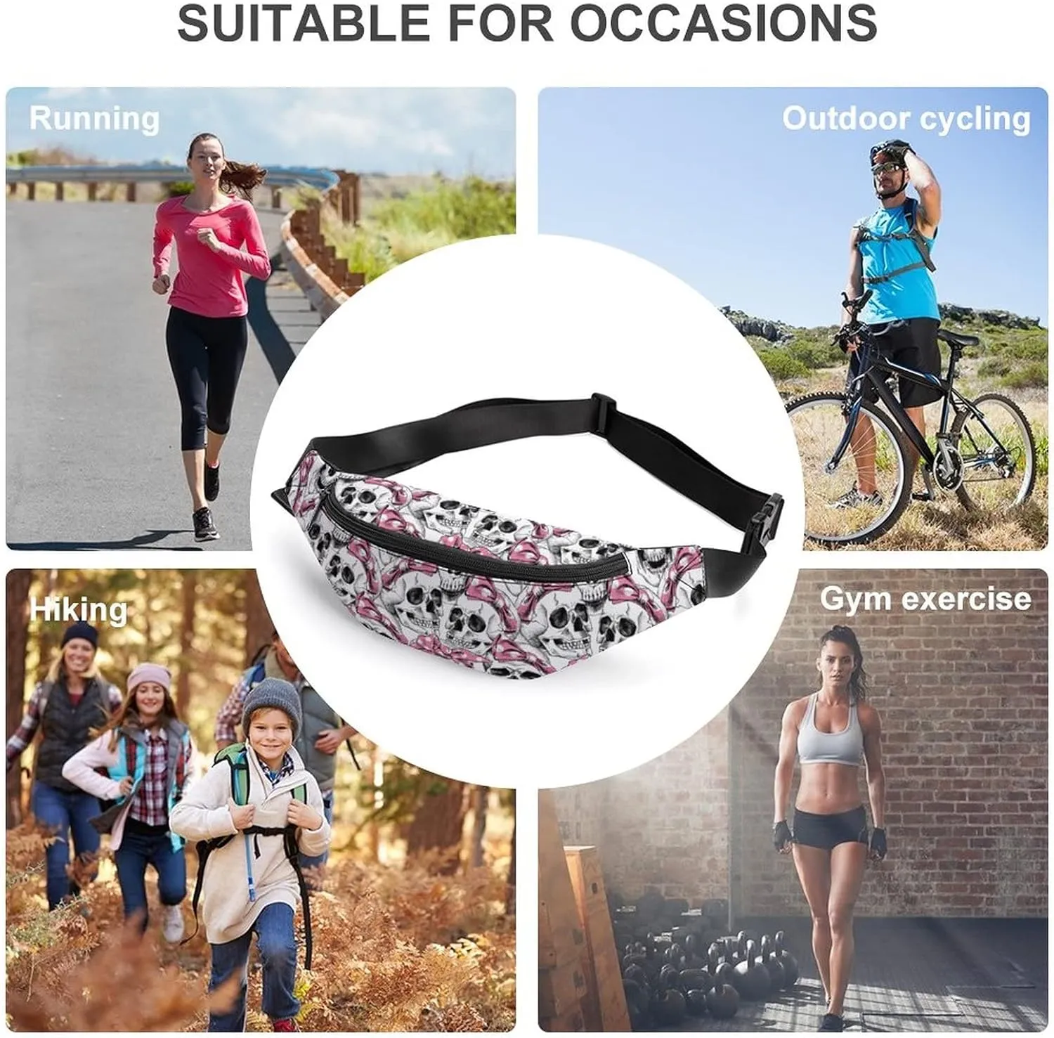 Skull with Headband Fanny Pack for Women Men Small Running Belt Waist Pouch Bag with Zipper Adjustable Strap Casual Waist Pack Hands-Free Phone Holder with Headphone for Travel Jogging Hiking Walking