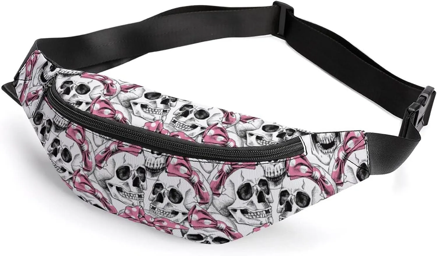 Skull with Headband Fanny Pack for Women Men Small Running Belt Waist Pouch Bag with Zipper Adjustable Strap Casual Waist Pack Hands-Free Phone Holder with Headphone for Travel Jogging Hiking Walking