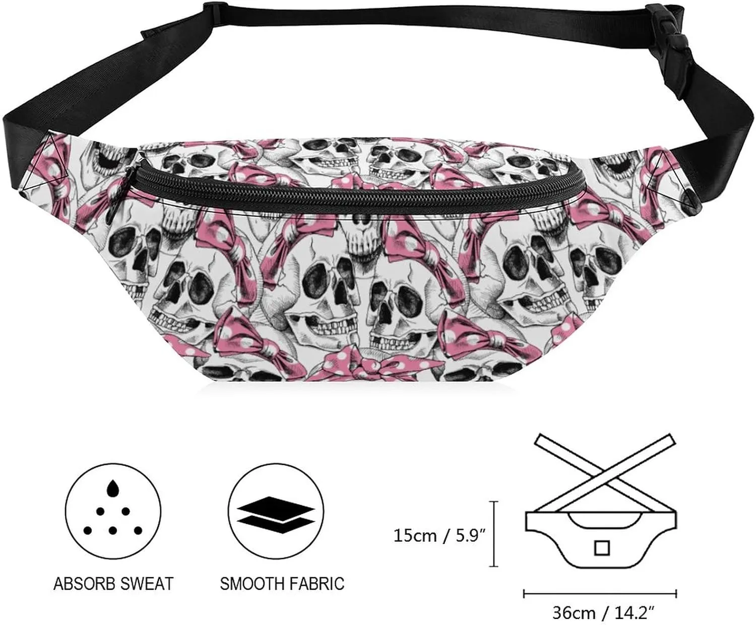 Skull with Headband Fanny Pack for Women Men Small Running Belt Waist Pouch Bag with Zipper Adjustable Strap Casual Waist Pack Hands-Free Phone Holder with Headphone for Travel Jogging Hiking Walking