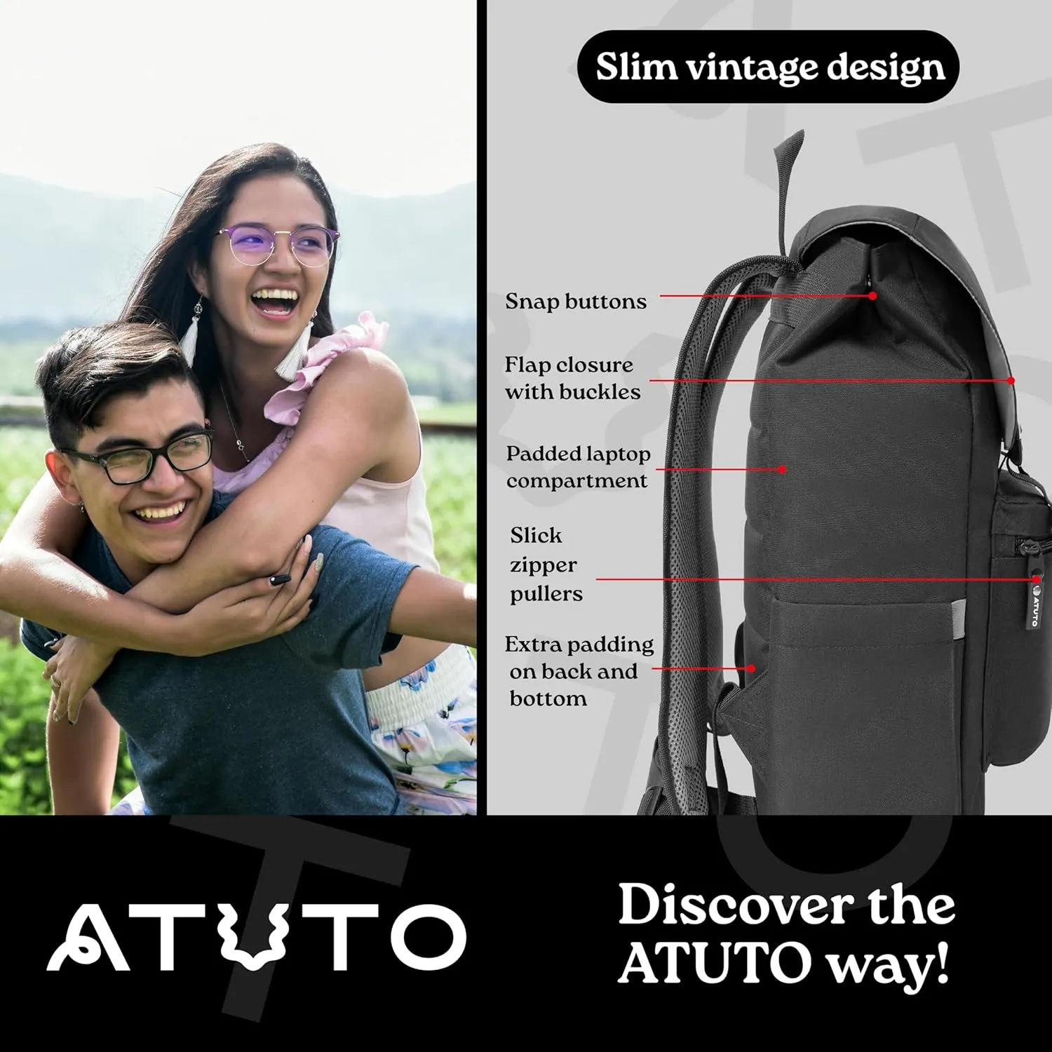 Slim Vintage Backpack for Men and Women, Flap Backpack for Laptop till 16.5", Extra Padding, Durable Fabric (Grey)
