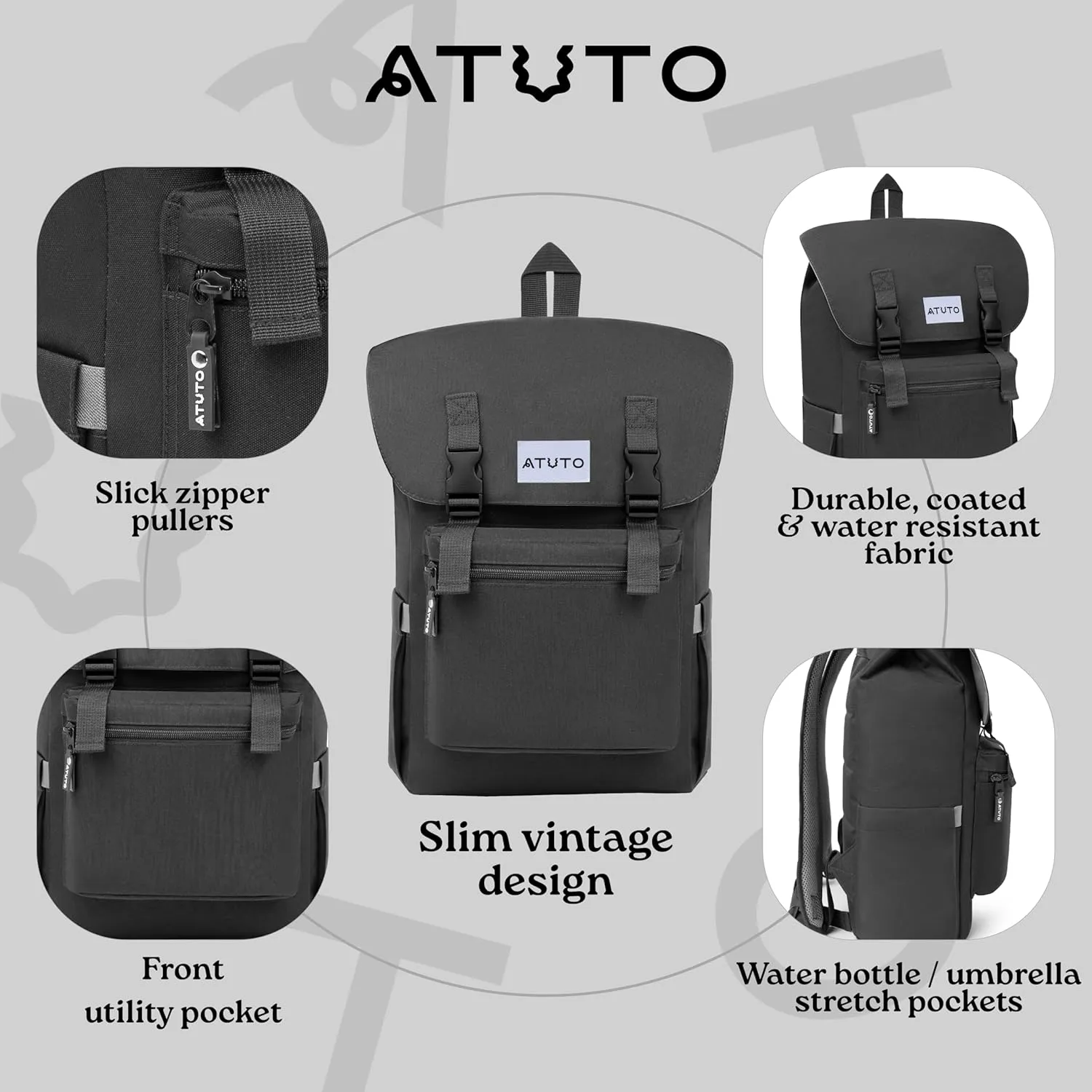 Slim Vintage Backpack for Men and Women, Flap Backpack for Laptop till 16.5", Extra Padding, Durable Fabric (Grey)