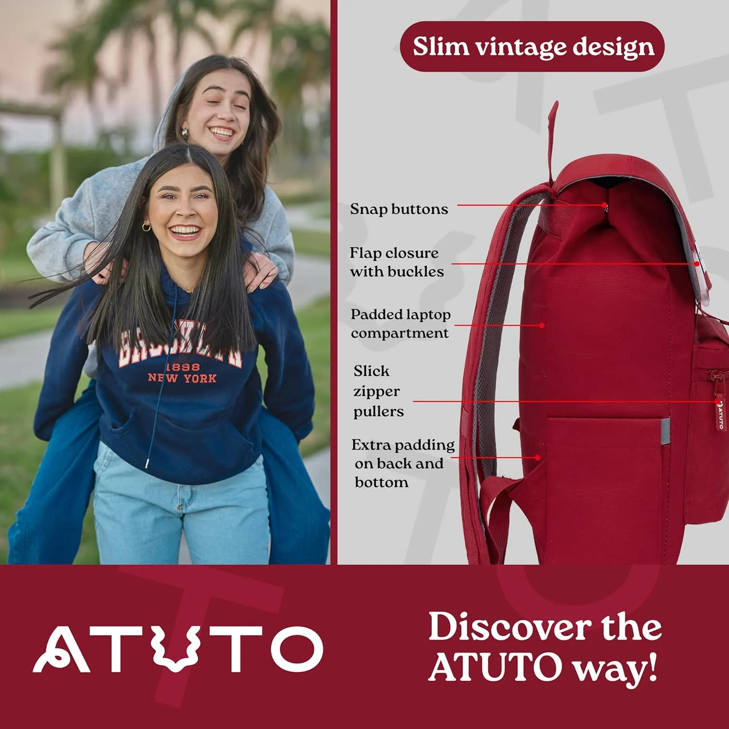 Slim Vintage Backpack for Men and Women, Flap Backpack for Laptop till 16.5", Extra Padding, Durable Fabric (Red)