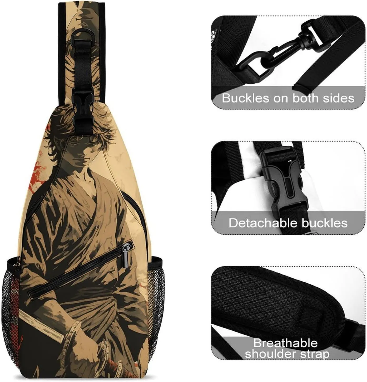 Sling Backpack Crossbody for Man Woman Drawing of Holding Sword Cross Body Adjustable Chest Bag