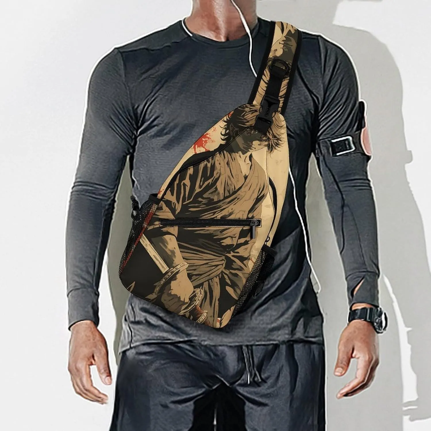 Sling Backpack Crossbody for Man Woman Drawing of Holding Sword Cross Body Adjustable Chest Bag