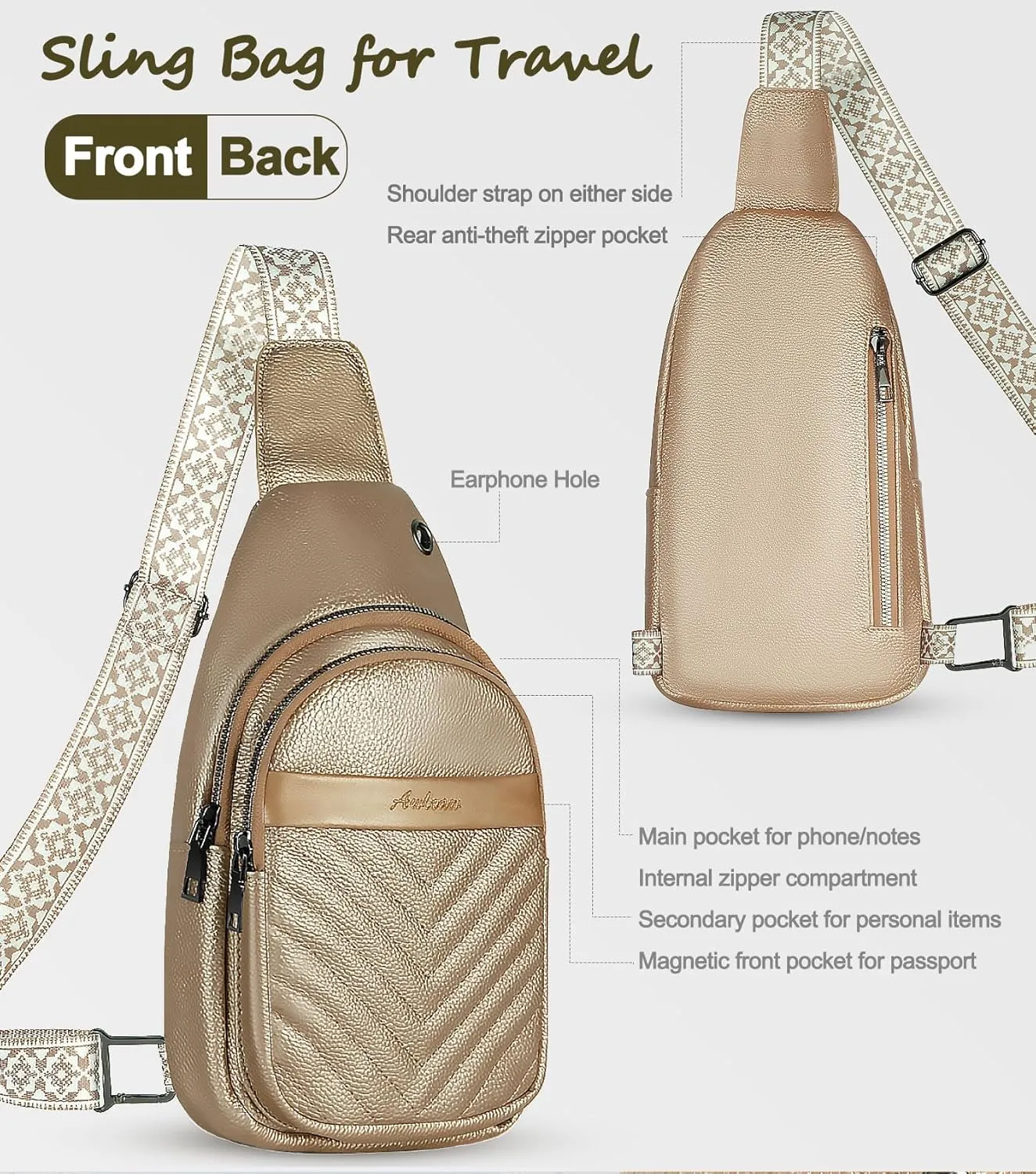 Sling Bag for Women, Leather Crossbody Bag Sling Bag Crossbody Backpack for Travel Sports Running Hiking for Man Woman