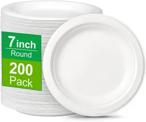 Small Compostable Plates - White 7" Bulk 200 Pack Recycled Plates for Dessert & Cake