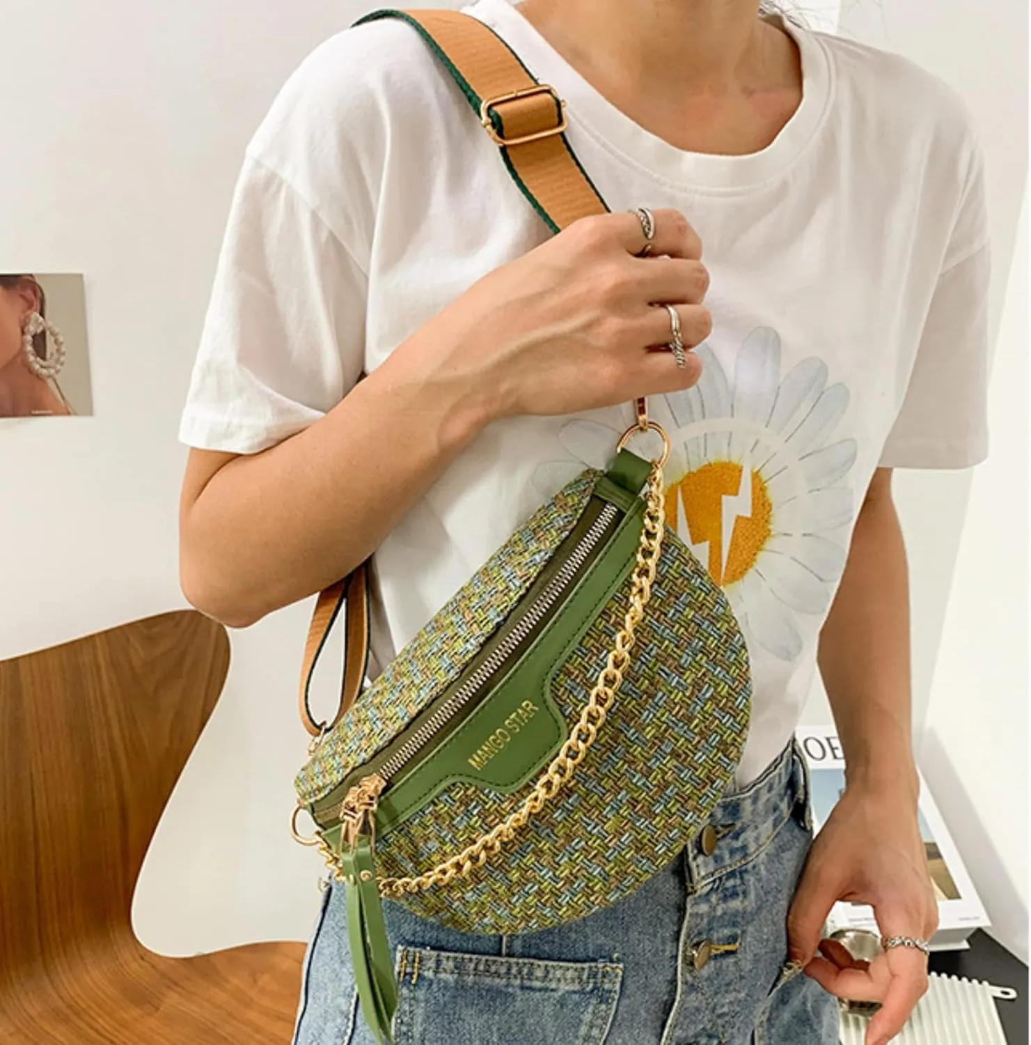 Small Crossbody Shoulder Bags for Women Fanny Packs Belt Chest Bag Knitting Crochet Waist Pouch Lightweight Phone Purse for Outdoor Traveling