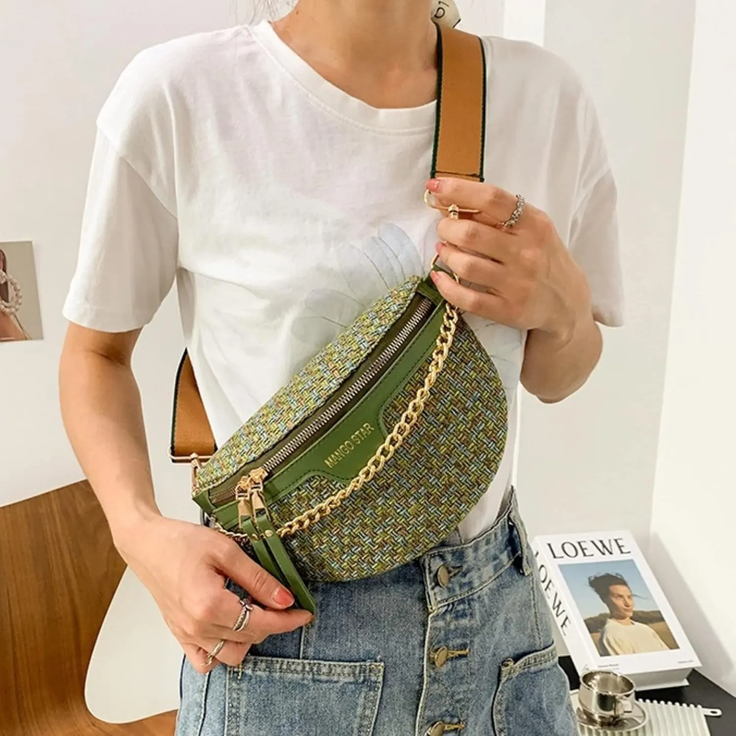 Small Crossbody Shoulder Bags for Women Fanny Packs Belt Chest Bag Knitting Crochet Waist Pouch Lightweight Phone Purse for Outdoor Traveling