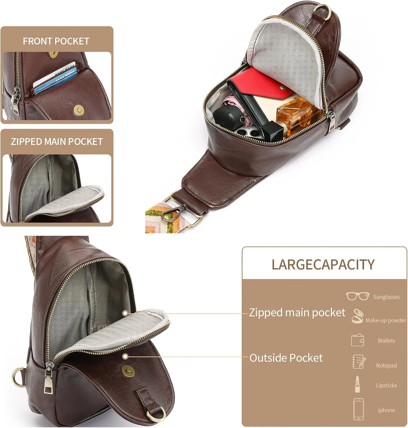 Small Sling Bag for Women Leather Fanny Pack Crossbody Chest Bag with Guitar Strap