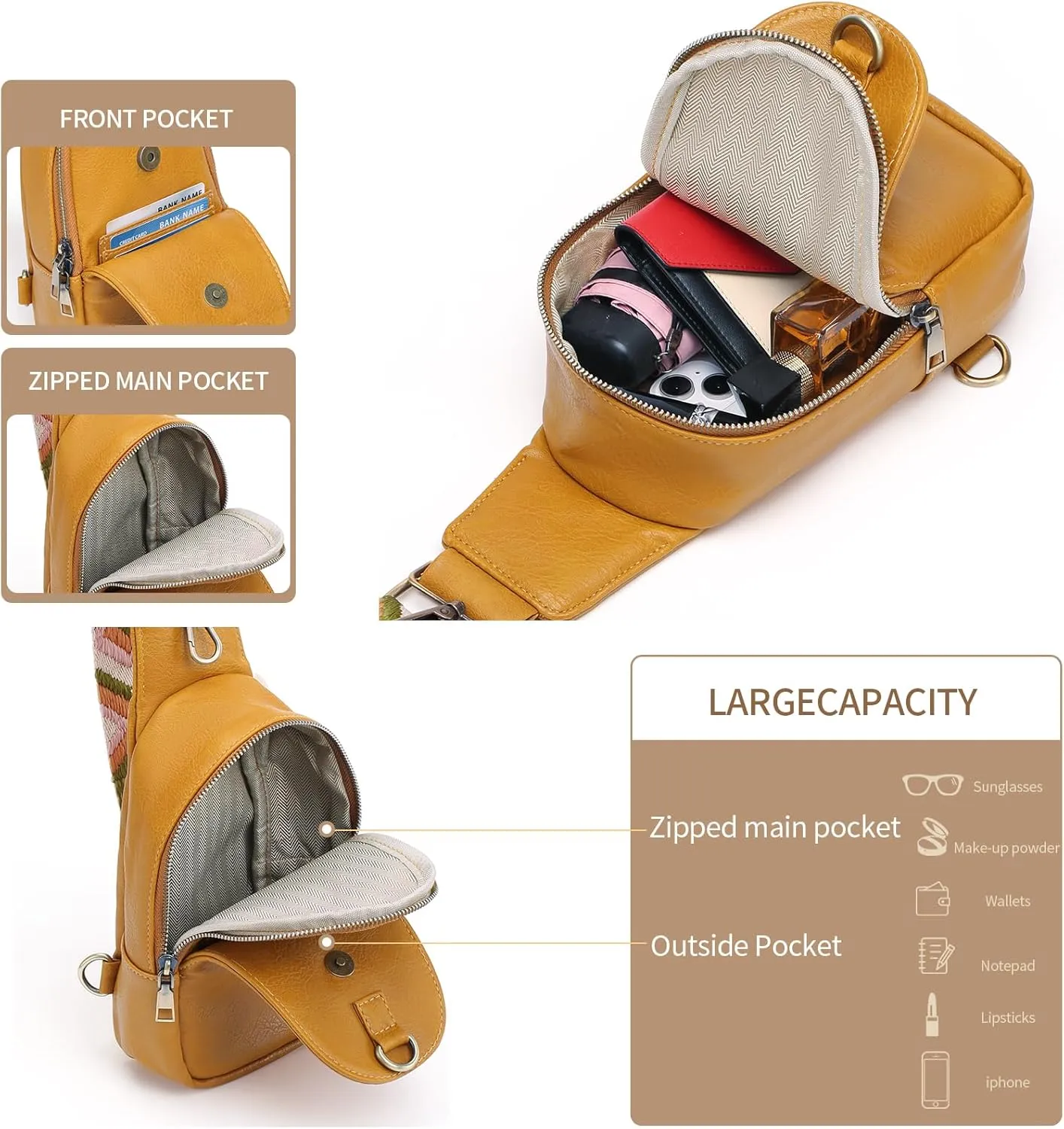 Small Sling Bag for Women Leather Fanny Pack Crossbody Chest Bag with Guitar Strap