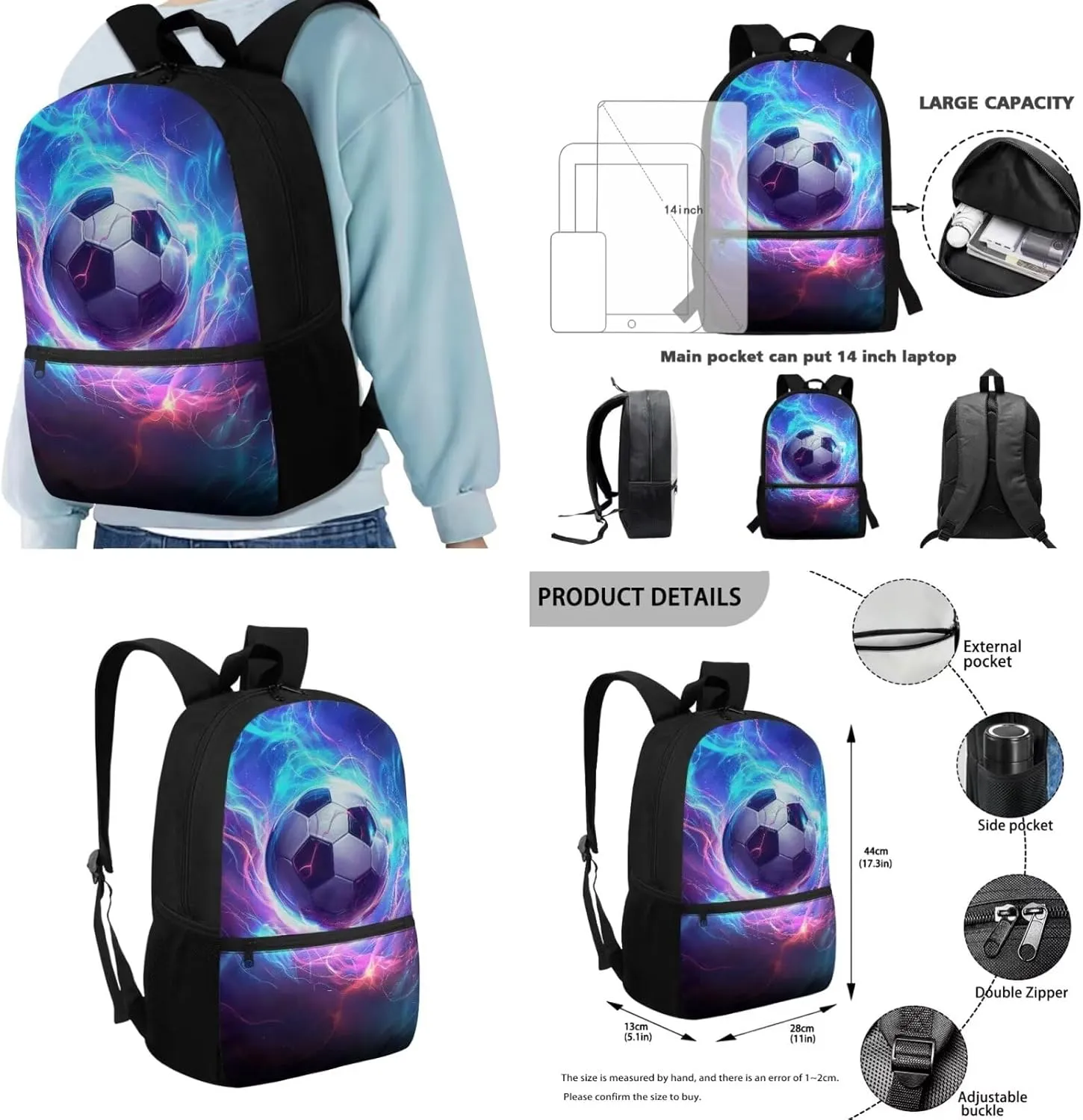 Soccer Elementary Backpack for Boys 4pc School Bag and Lunch Bag Ages 12-14 with Padded Straps Kawaii 6th Grade Bookbag with Water Bottle Holder Book Bags
