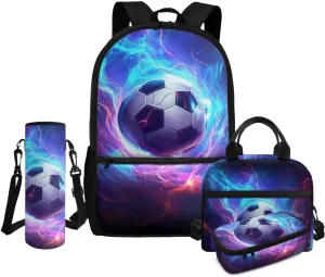 Soccer Elementary Backpack for Boys 4pc School Bag and Lunch Bag Ages 12-14 with Padded Straps Kawaii 6th Grade Bookbag with Water Bottle Holder Book Bags