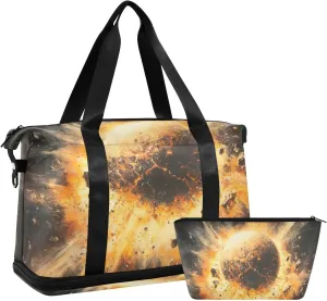 Space Planet Explosion Gym Bag for Women Sport Travel Duffel Bag Shoulder Weekender Overnight Bags with Wet Pocket & Shoe Compartment