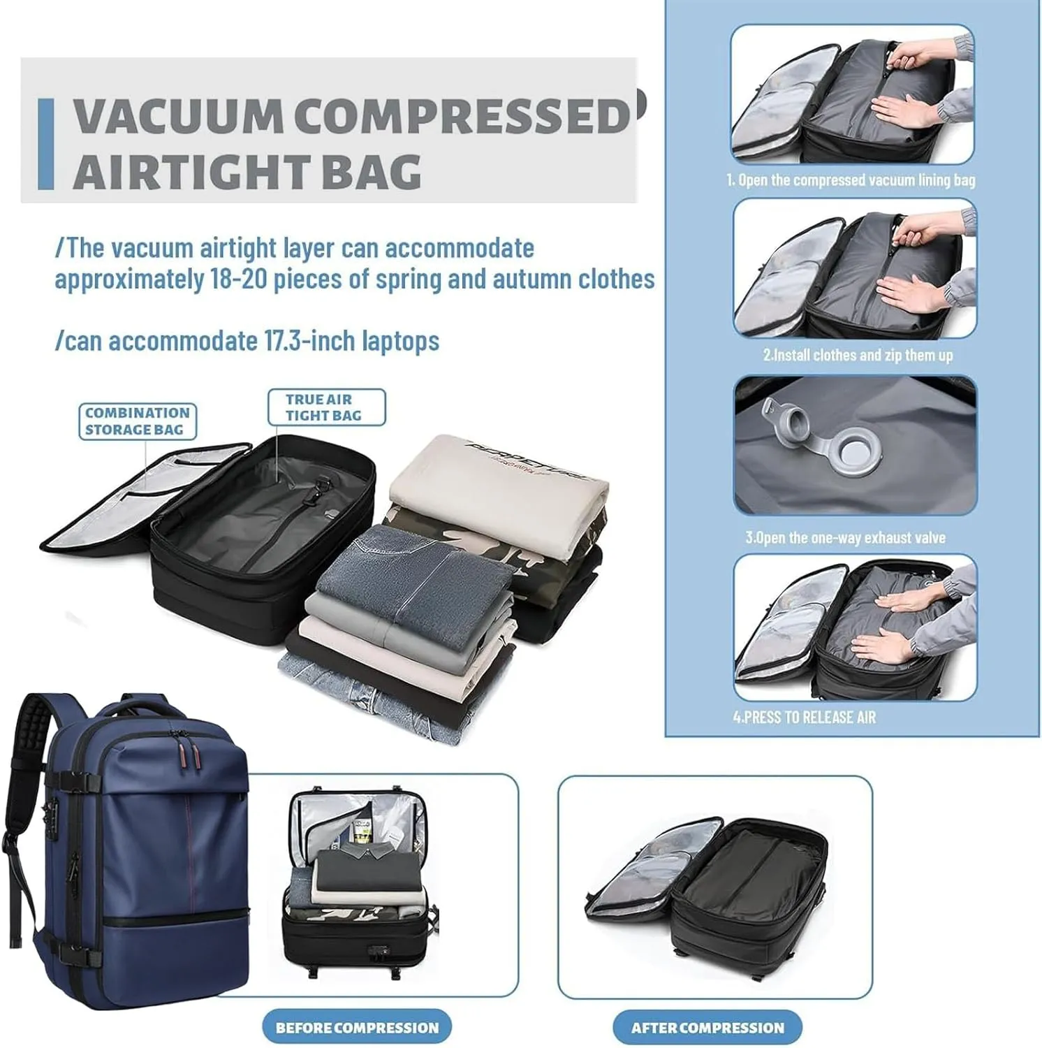 Space Vac Pro Backpack, 60l Expandable Vacpack Backpack with Pump, Anti Theft, Vacuum Travel Backpacks, Flight Approved (Black)