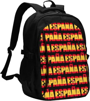 Spain Spanish Espana Flag Business Laptop Backpack Travel Backpacks Outdoor Rucksack Large Bag Daypack with USB Charging Port Multi-Pocket for Hiking Camping