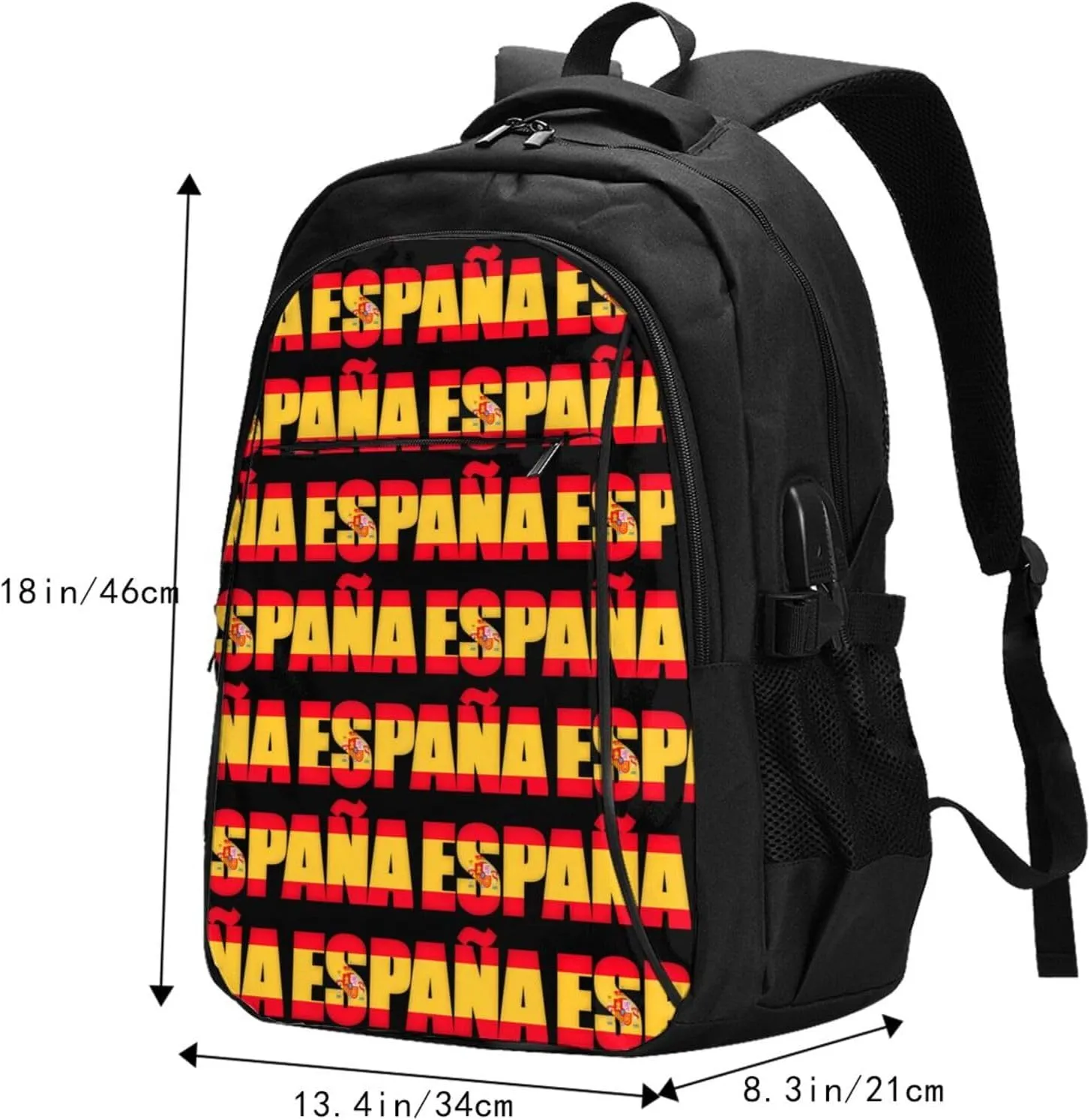 Spain Spanish Espana Flag Business Laptop Backpack Travel Backpacks Outdoor Rucksack Large Bag Daypack with USB Charging Port Multi-Pocket for Hiking Camping