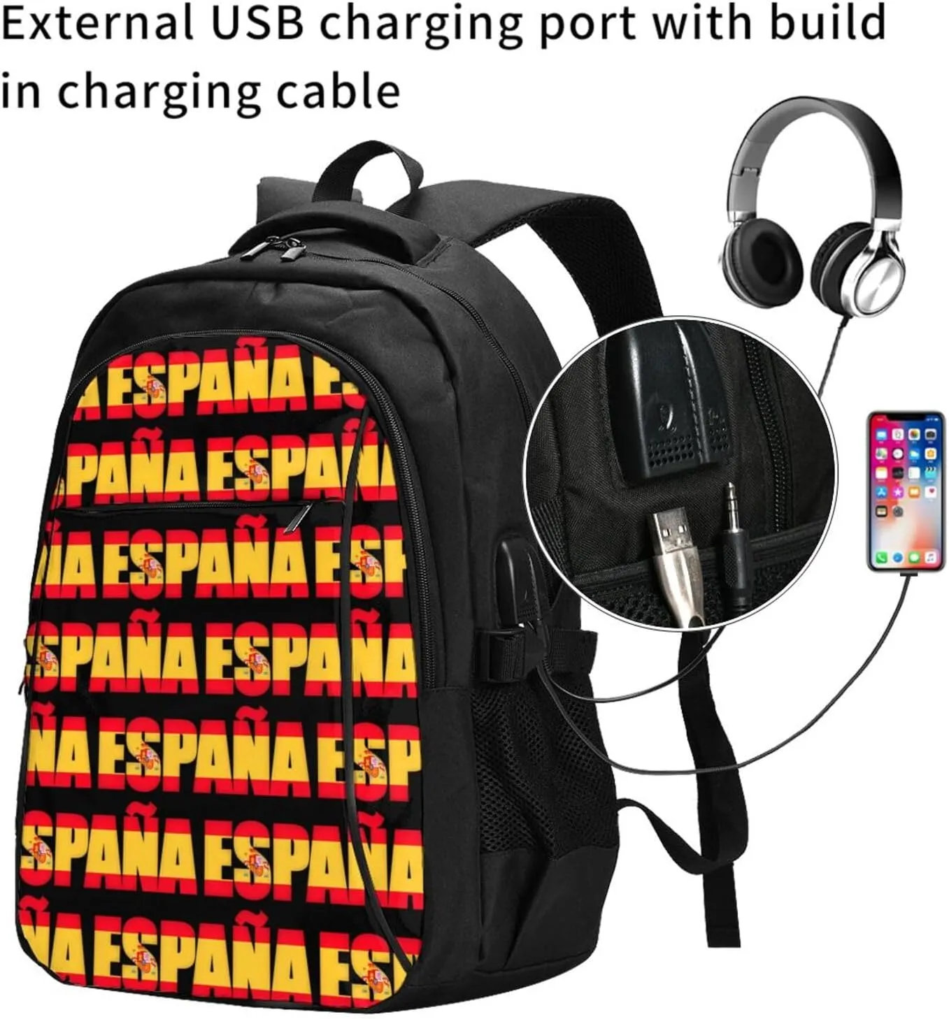 Spain Spanish Espana Flag Business Laptop Backpack Travel Backpacks Outdoor Rucksack Large Bag Daypack with USB Charging Port Multi-Pocket for Hiking Camping