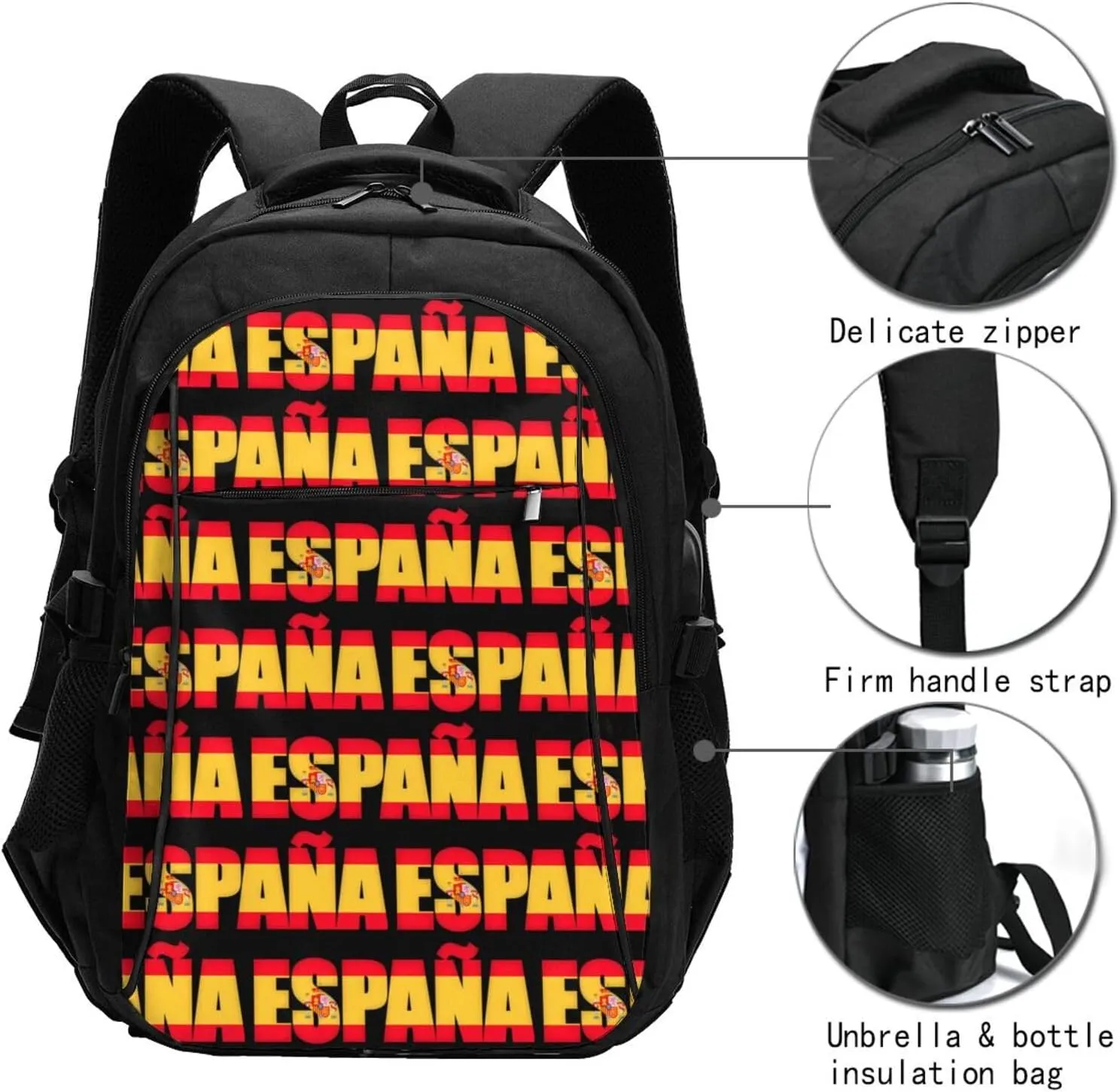 Spain Spanish Espana Flag Business Laptop Backpack Travel Backpacks Outdoor Rucksack Large Bag Daypack with USB Charging Port Multi-Pocket for Hiking Camping