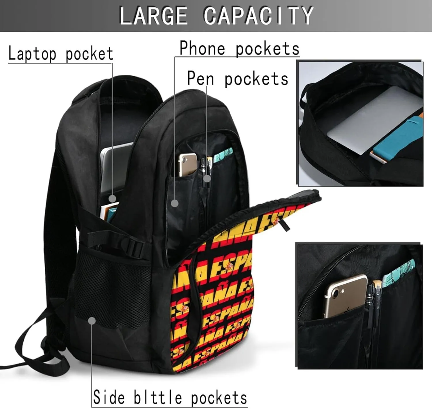 Spain Spanish Espana Flag Business Laptop Backpack Travel Backpacks Outdoor Rucksack Large Bag Daypack with USB Charging Port Multi-Pocket for Hiking Camping