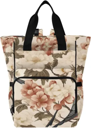 Sparrow White Pink Flowers Diaper Bag Backpack for Baby Boys Girls Multifunction Travel Tote with Stroller Straps & Bottle Storage Maternity Baby Changing Bags for Dads Moms Hiking Shopping Traveling