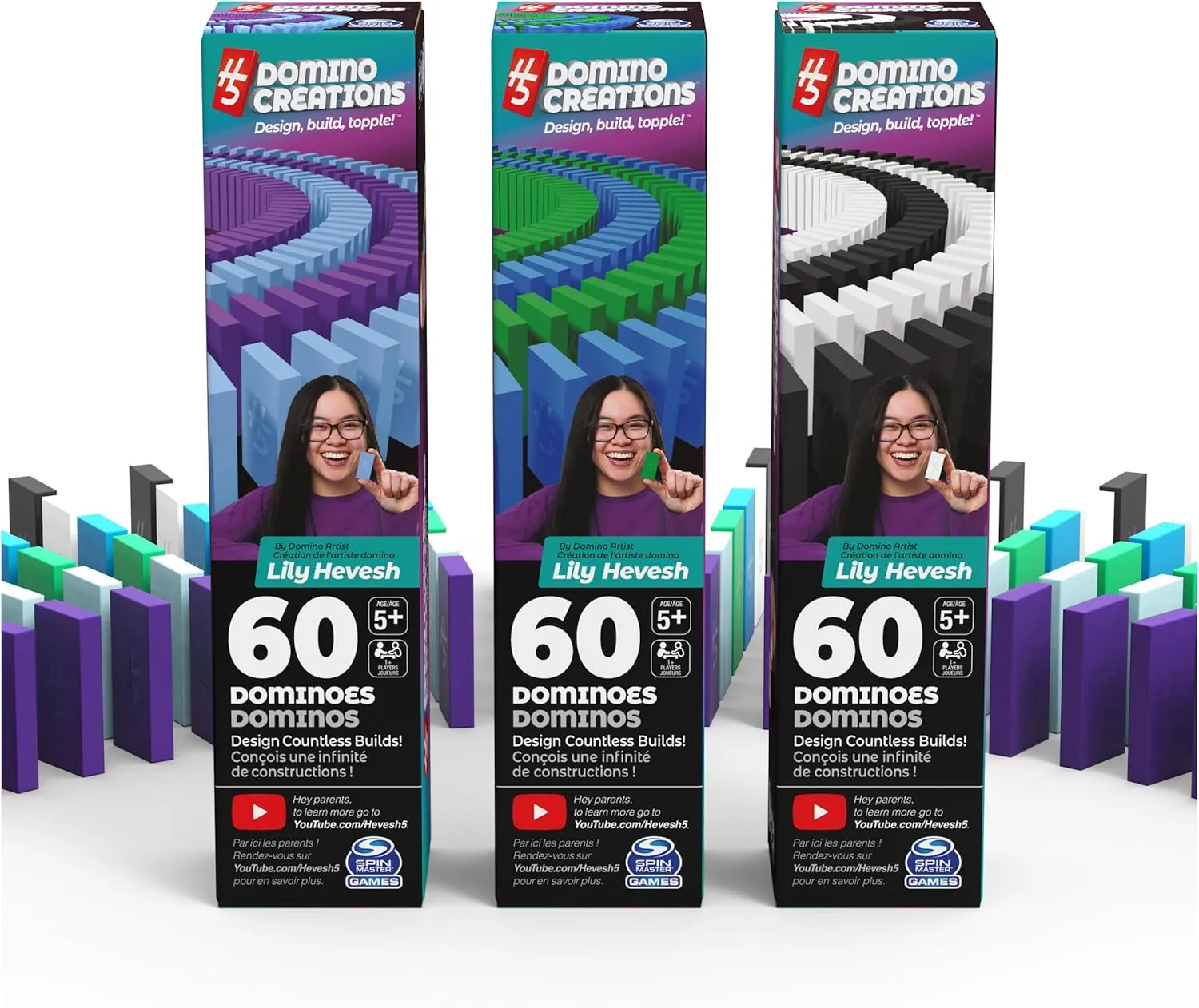 Spin Master Games, H5 Domino Creations, 180-Piece Dominoes Set by Lily Hevesh Colorful 3-Pack Bundle of 60-Piece Packs, Family Games for Ages 5 
