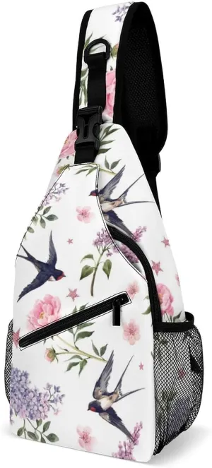 Spring Flowers Swallow Sling Bag Crossbody for Women Men Lightweight Adjustable Extender Strap Watercolor Floral Lilac Shoulder Backpack with Water Bottle Holder Casual Daypack for Hiking Travel