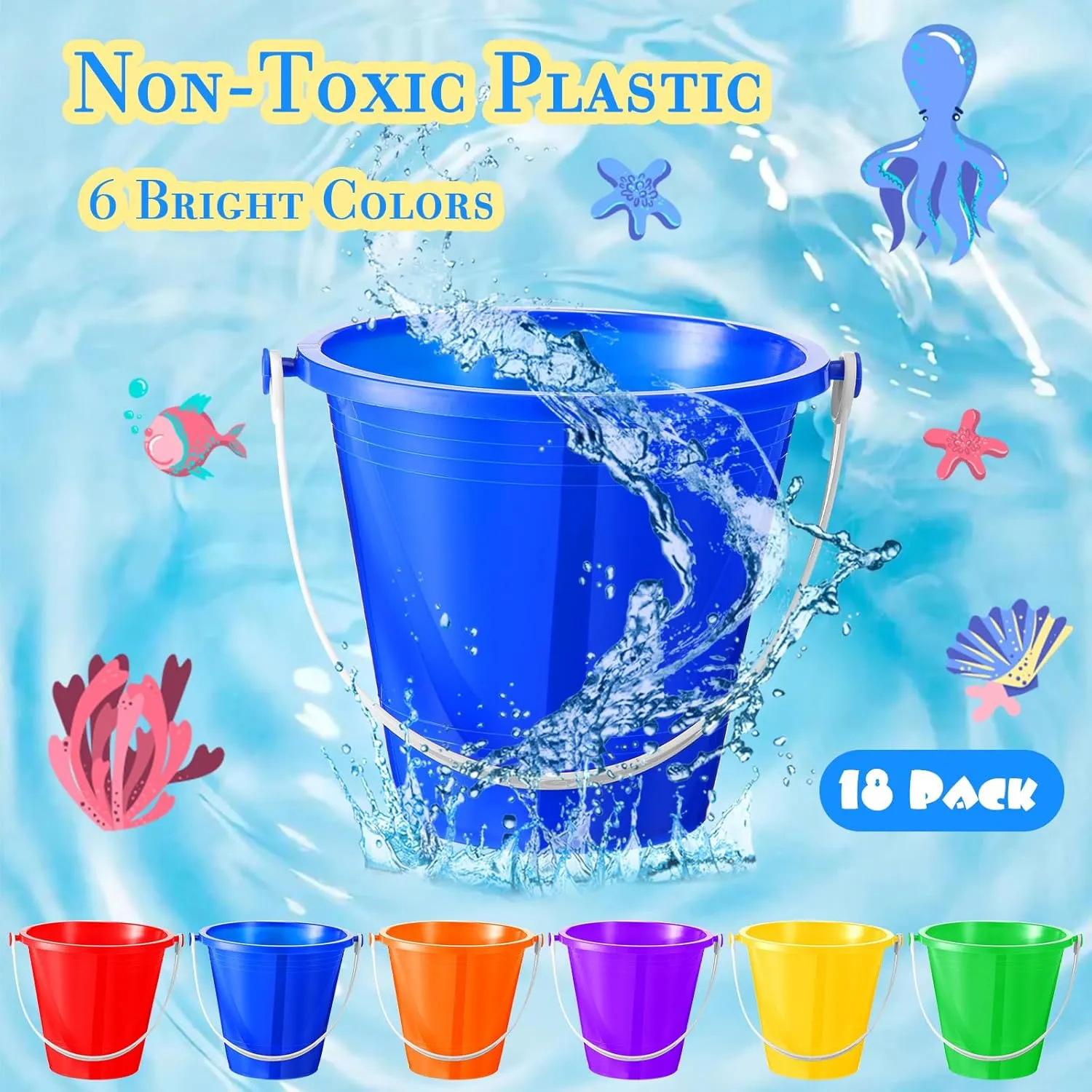 Sratte 18 Packs Beach Sand Buckets and Shovels Sets for Boys Girls, Plastic Beach Pails Sand Toys for Summer Pool Party Favors