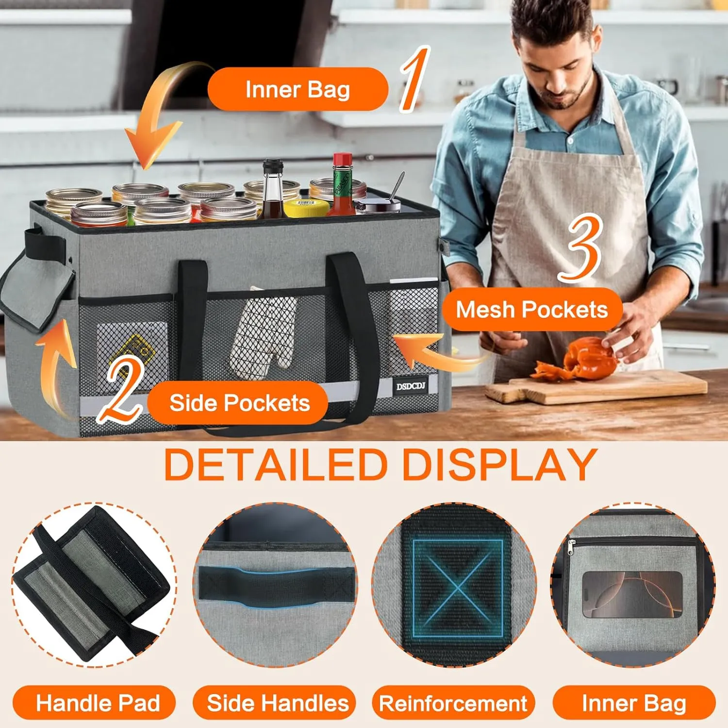 Standing Extra Large Utility Tote Bag with Reflective Strip, Standing Reusable Grocery Bags with Hard Bottom, Collapsible Utility Tote with Handles for Shopping, Beach, Picnics, Car, Grey