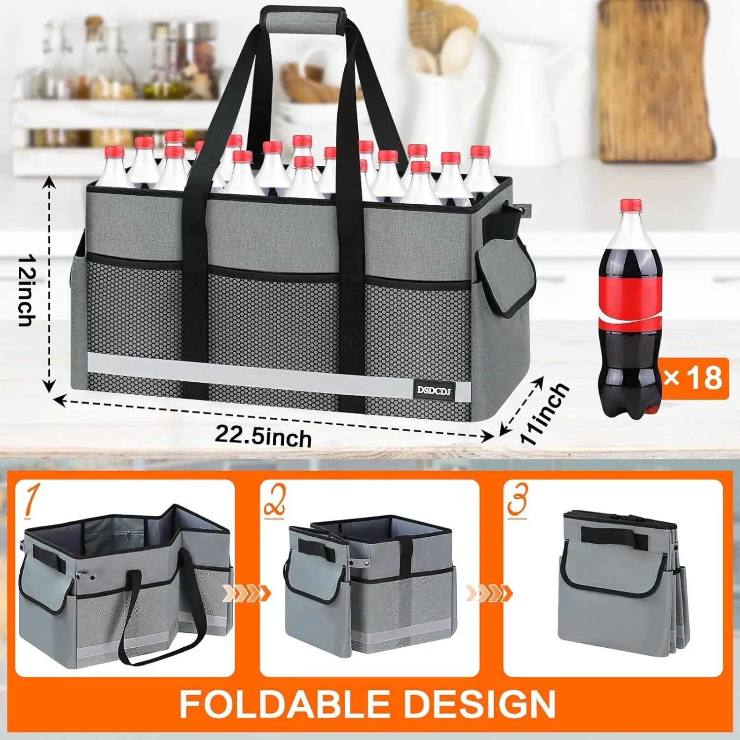 Standing Extra Large Utility Tote Bag with Reflective Strip, Standing Reusable Grocery Bags with Hard Bottom, Collapsible Utility Tote with Handles for Shopping, Beach, Picnics, Car, Grey