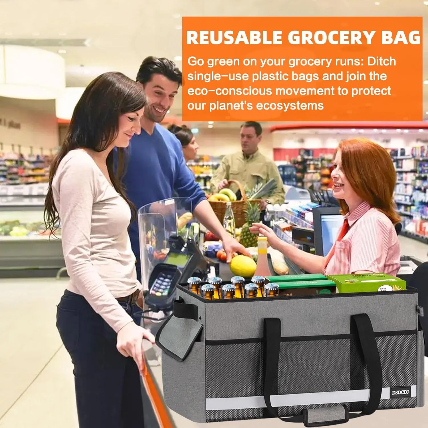 Standing Extra Large Utility Tote Bag with Reflective Strip, Standing Reusable Grocery Bags with Hard Bottom, Collapsible Utility Tote with Handles for Shopping, Beach, Picnics, Car, Grey