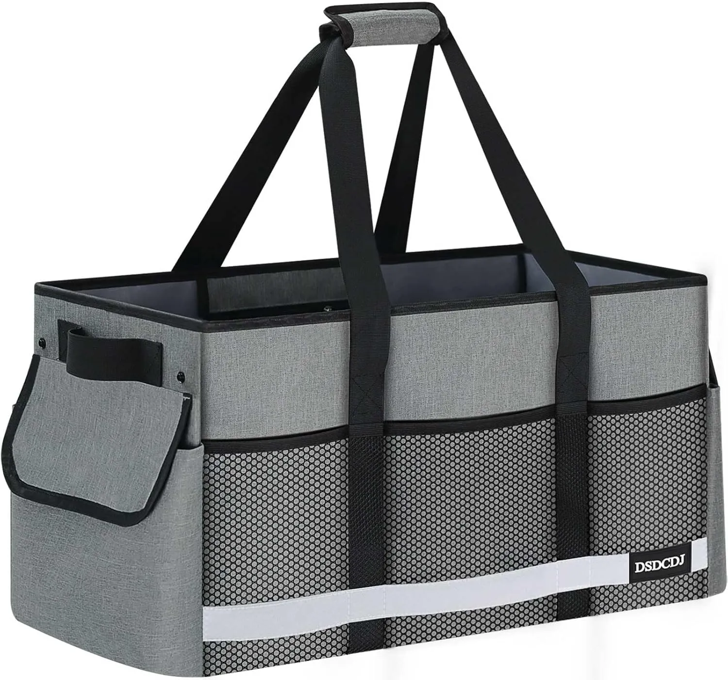 Standing Extra Large Utility Tote Bag with Reflective Strip, Standing Reusable Grocery Bags with Hard Bottom, Collapsible Utility Tote with Handles for Shopping, Beach, Picnics, Car, Grey