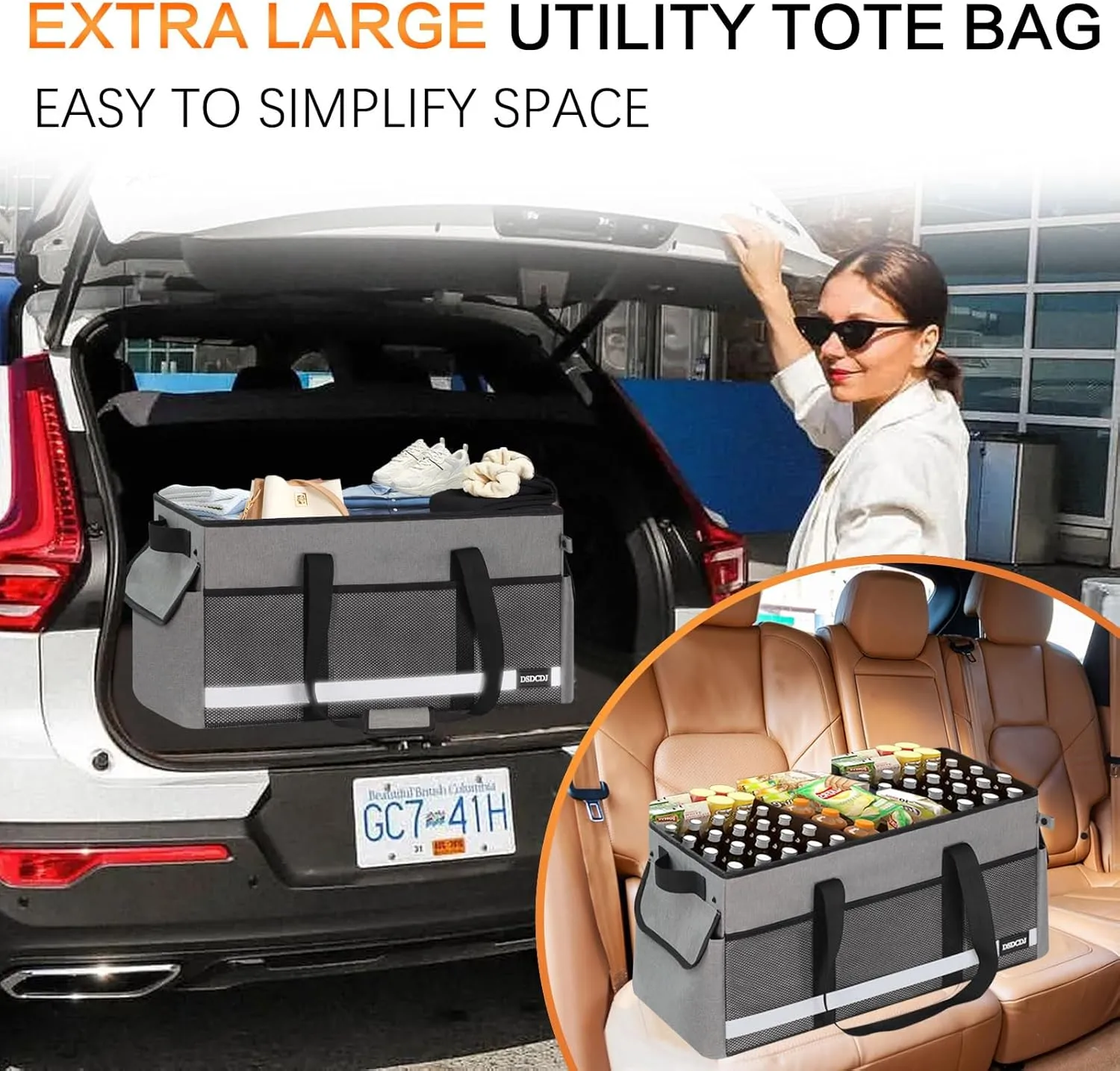 Standing Extra Large Utility Tote Bag with Reflective Strip, Standing Reusable Grocery Bags with Hard Bottom, Collapsible Utility Tote with Handles for Shopping, Beach, Picnics, Car, Grey