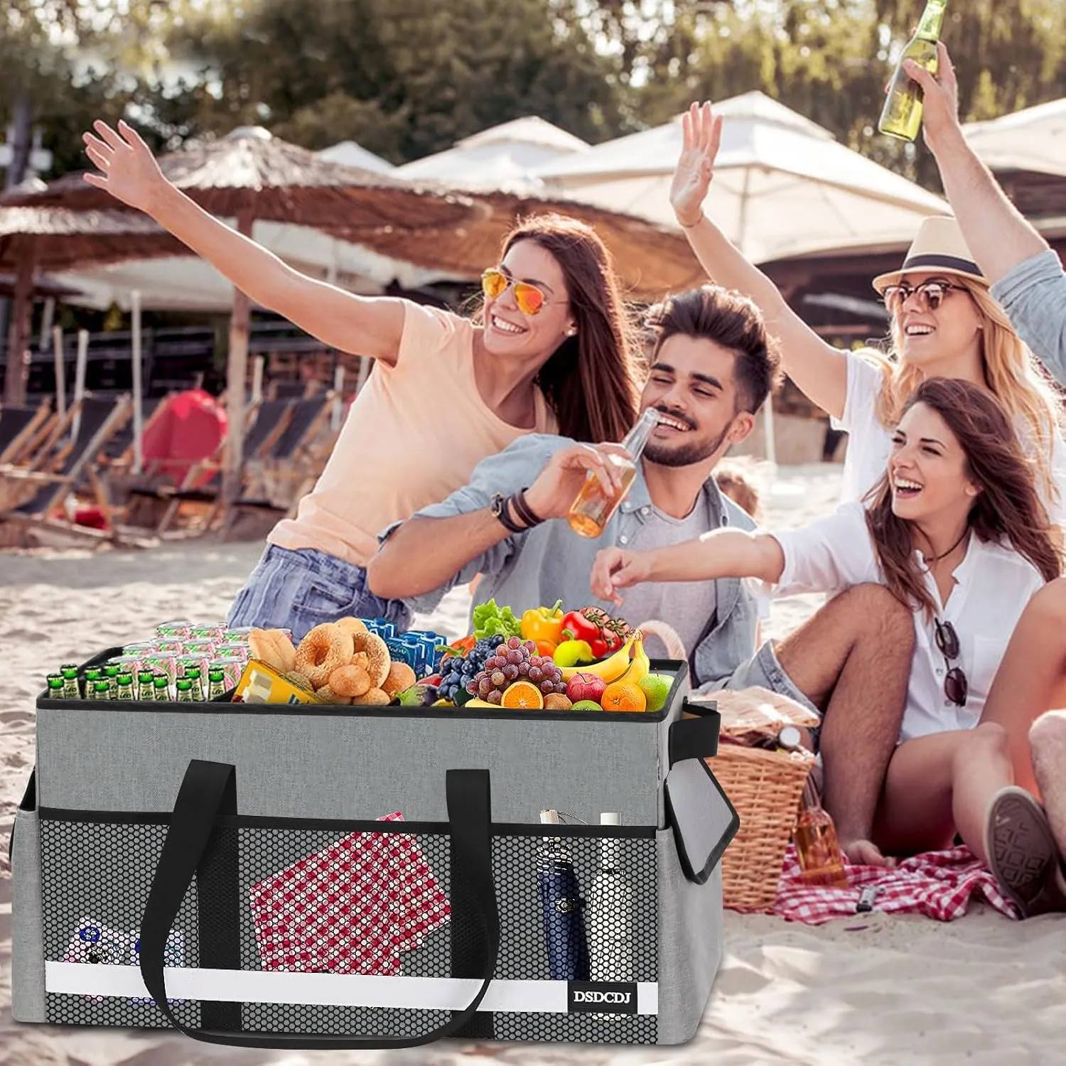 Standing Extra Large Utility Tote Bag with Reflective Strip, Standing Reusable Grocery Bags with Hard Bottom, Collapsible Utility Tote with Handles for Shopping, Beach, Picnics, Car, Grey