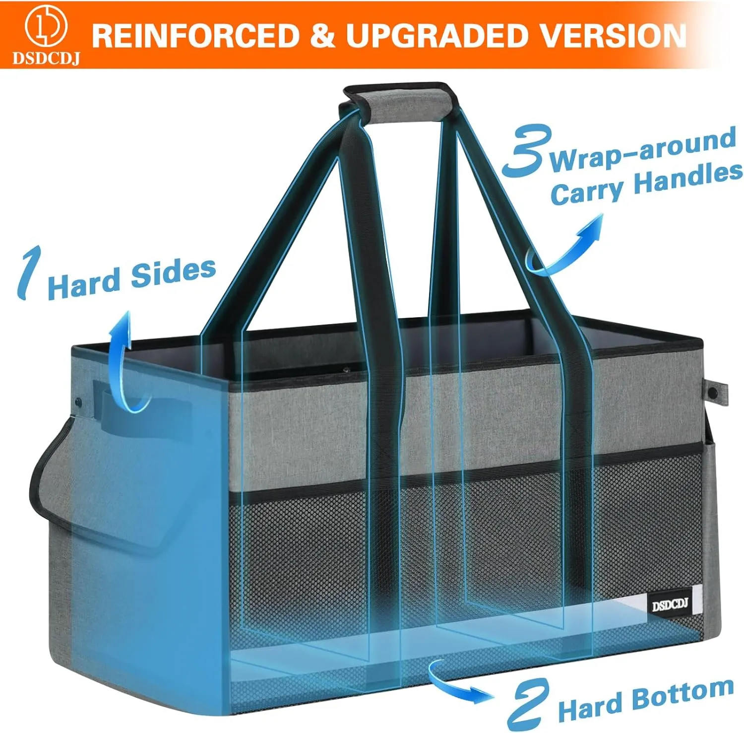 Standing Extra Large Utility Tote Bag with Reflective Strip, Standing Reusable Grocery Bags with Hard Bottom, Collapsible Utility Tote with Handles for Shopping, Beach, Picnics, Car, Grey