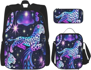 Starry Night Star Leopard Pattern 3 Piece Set Backpacks Laptop Backpack Makeup Bag Insulated Lunch Bag for Travel Work Camping