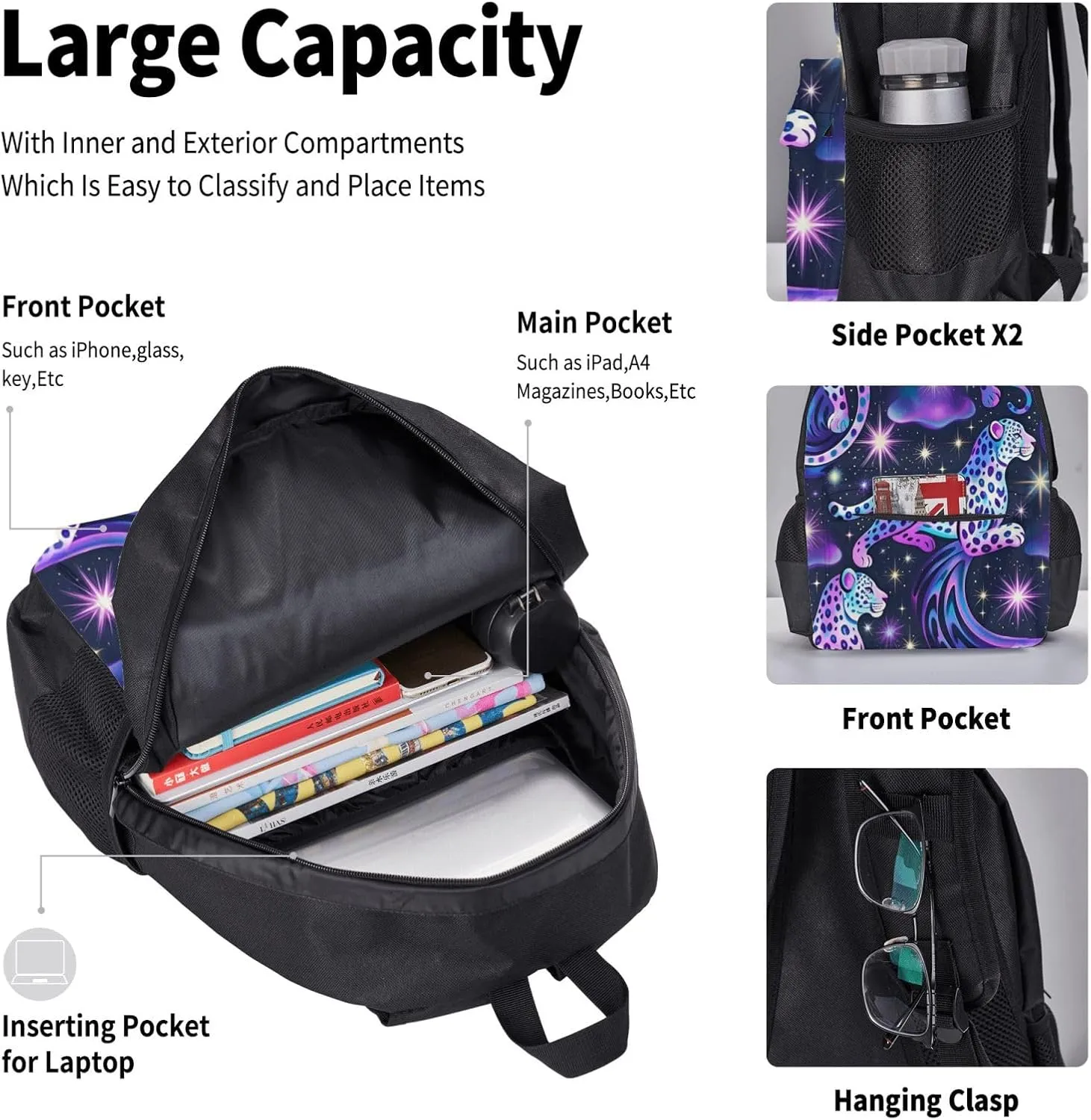 Starry Night Star Leopard Pattern 3 Piece Set Backpacks Laptop Backpack Makeup Bag Insulated Lunch Bag for Travel Work Camping