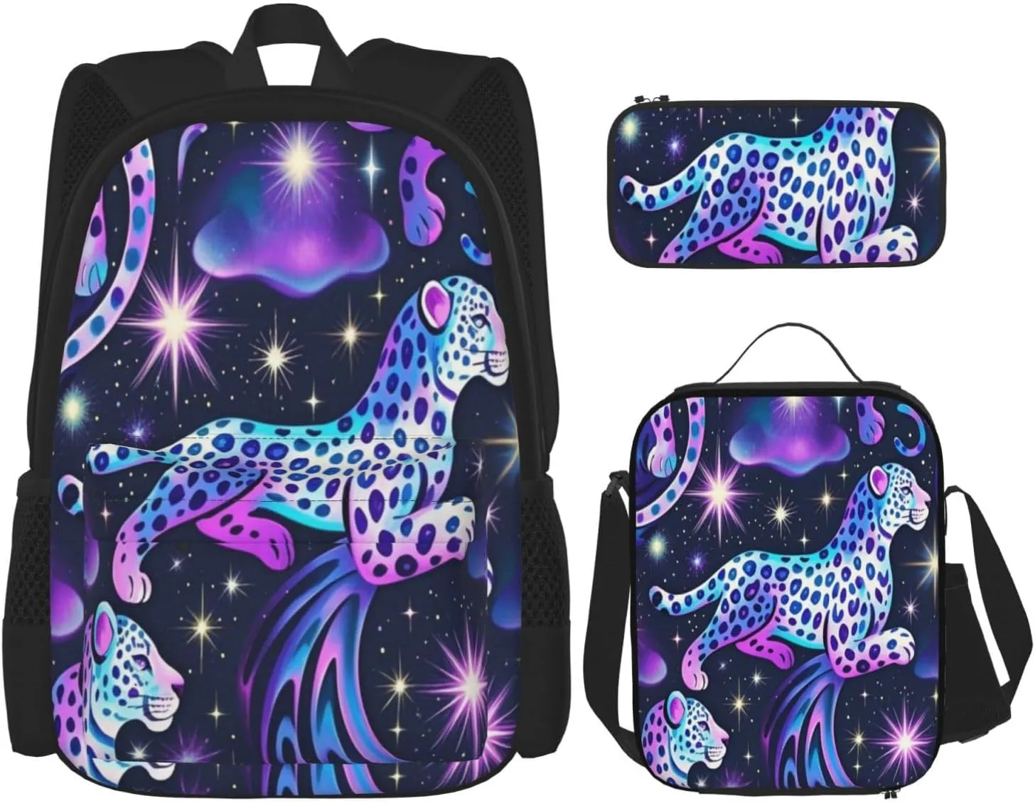 Starry Night Star Leopard Pattern 3 Piece Set Backpacks Laptop Backpack Makeup Bag Insulated Lunch Bag for Travel Work Camping