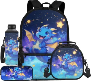 Stars Dragon Backpack for Boys 6-8 Kawaii School Bag and Lunch Bag Set 17 Inch Primary Students School Backpacks with Lunch Box Pencil Case Water Bottle Holder, 4 Piece, Bookbag for 3rd Grade