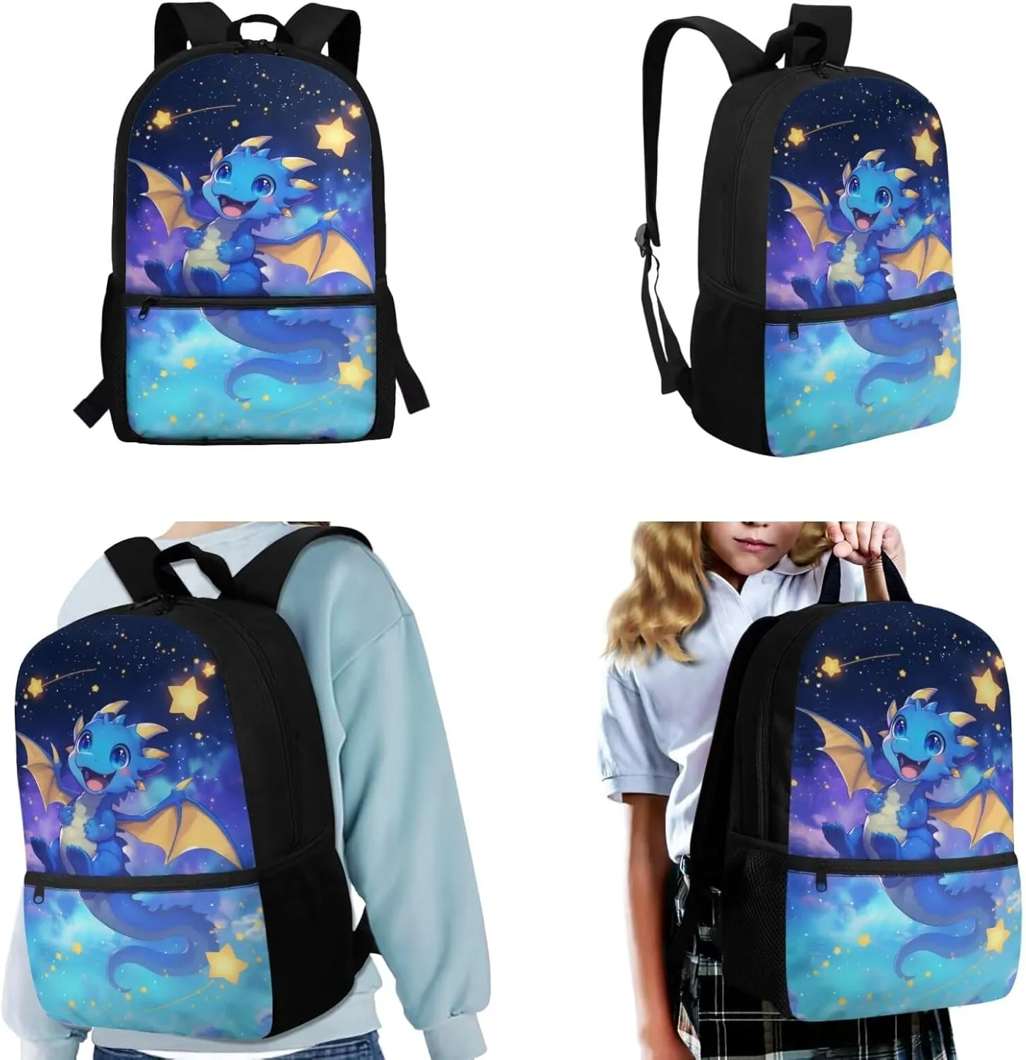 Stars Dragon Backpack for Boys 6-8 Kawaii School Bag and Lunch Bag Set 17 Inch Primary Students School Backpacks with Lunch Box Pencil Case Water Bottle Holder, 4 Piece, Bookbag for 3rd Grade