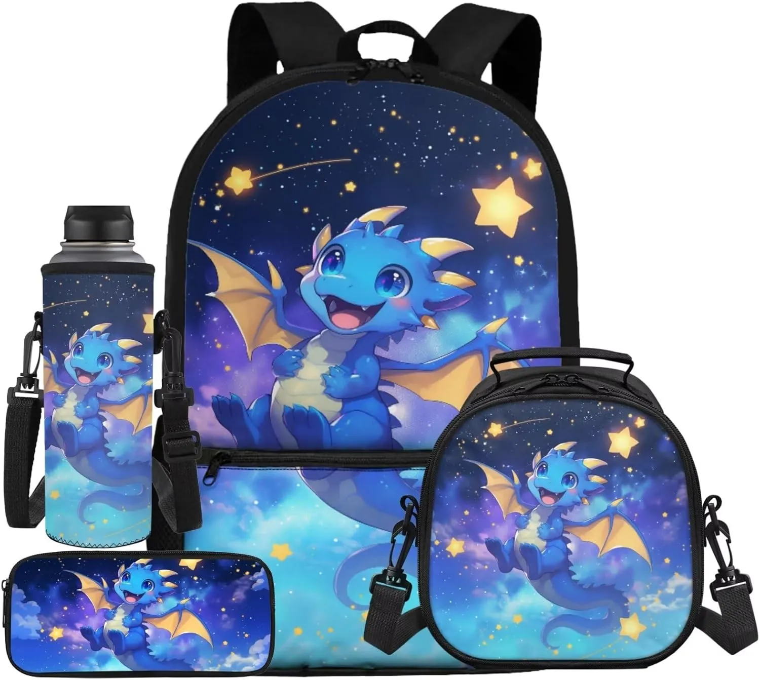Stars Dragon Backpack for Boys 6-8 Kawaii School Bag and Lunch Bag Set 17 Inch Primary Students School Backpacks with Lunch Box Pencil Case Water Bottle Holder, 4 Piece, Bookbag for 3rd Grade